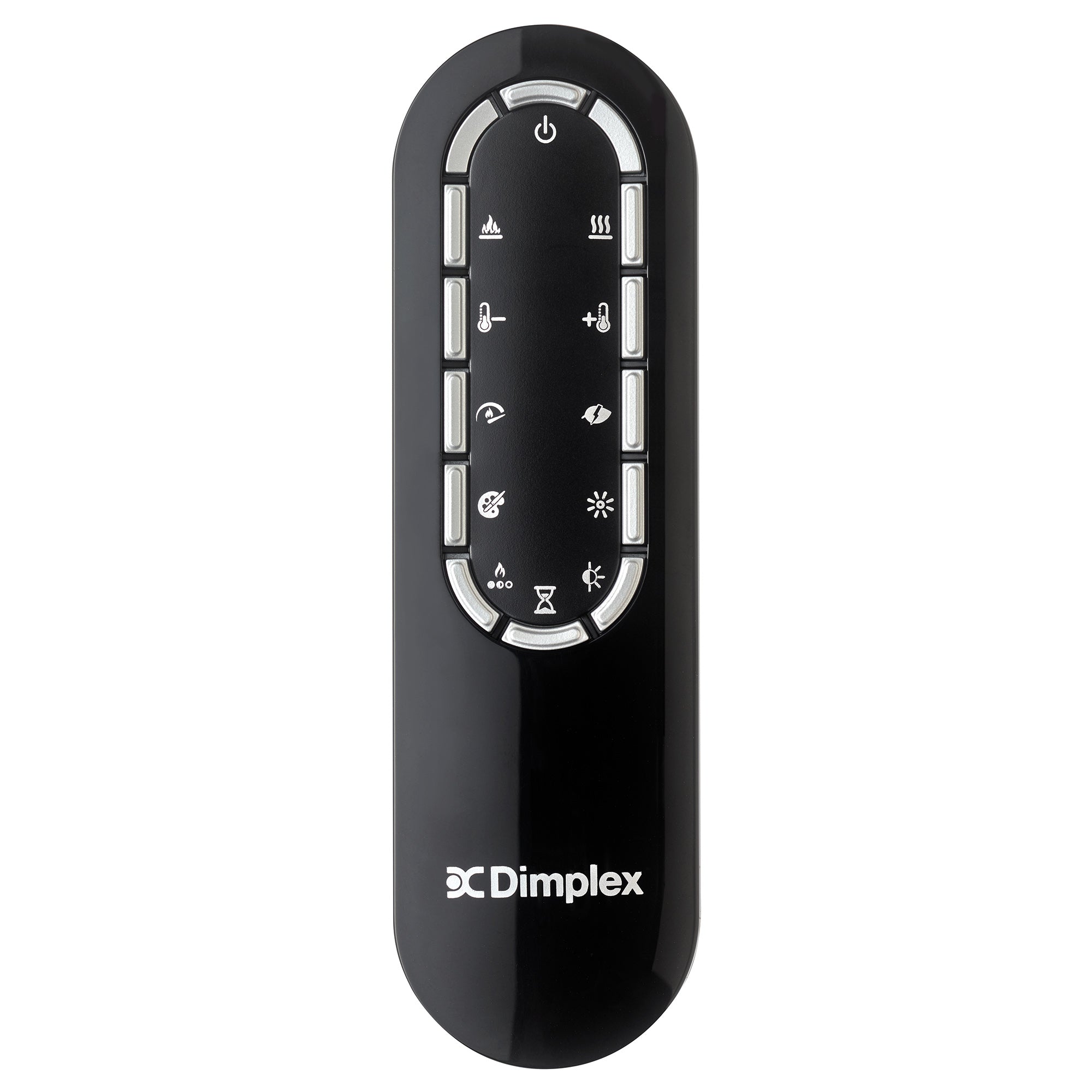 Black Dimplex remote control with button icons and power control