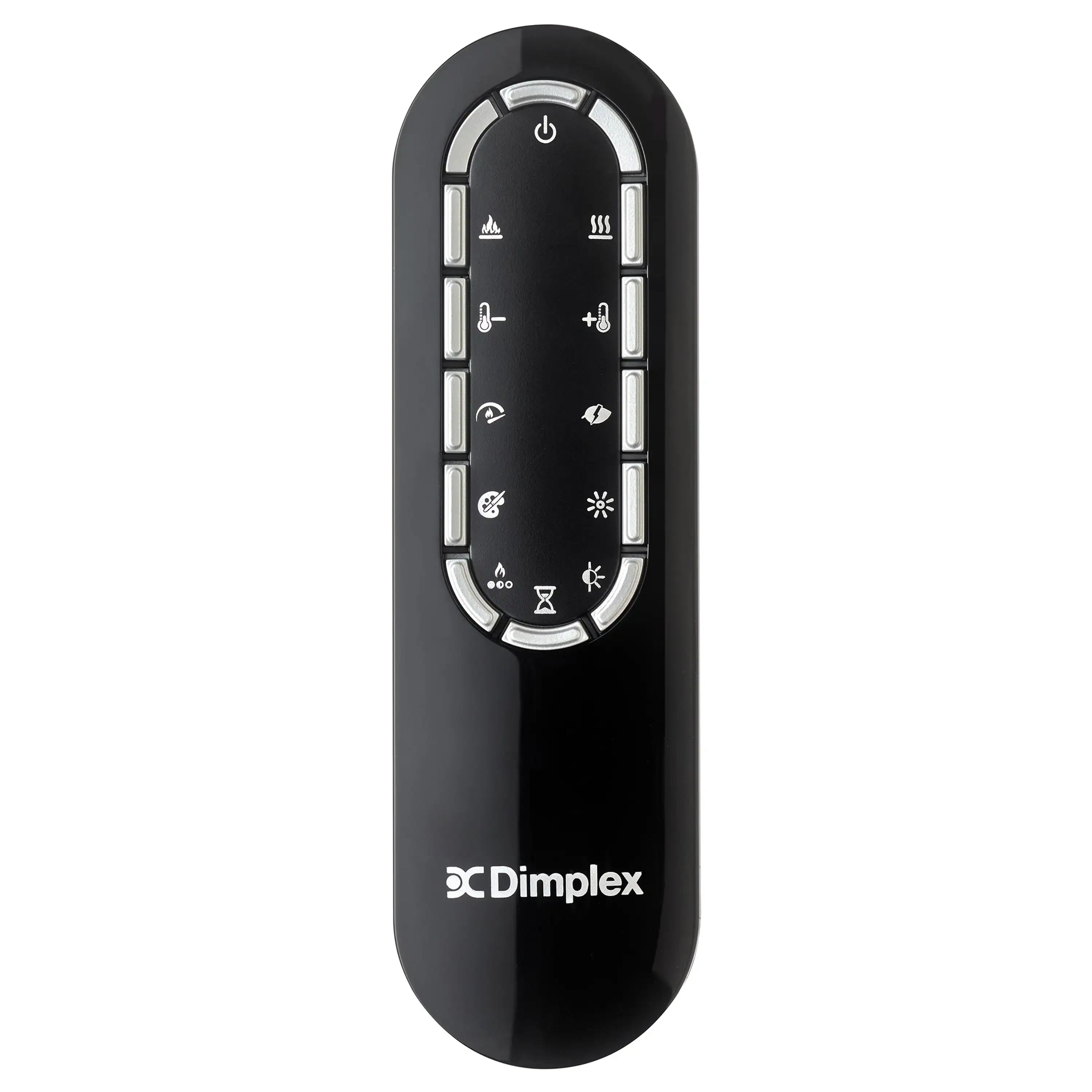 Dimplex black electric fireplace remote control with backlit button icons