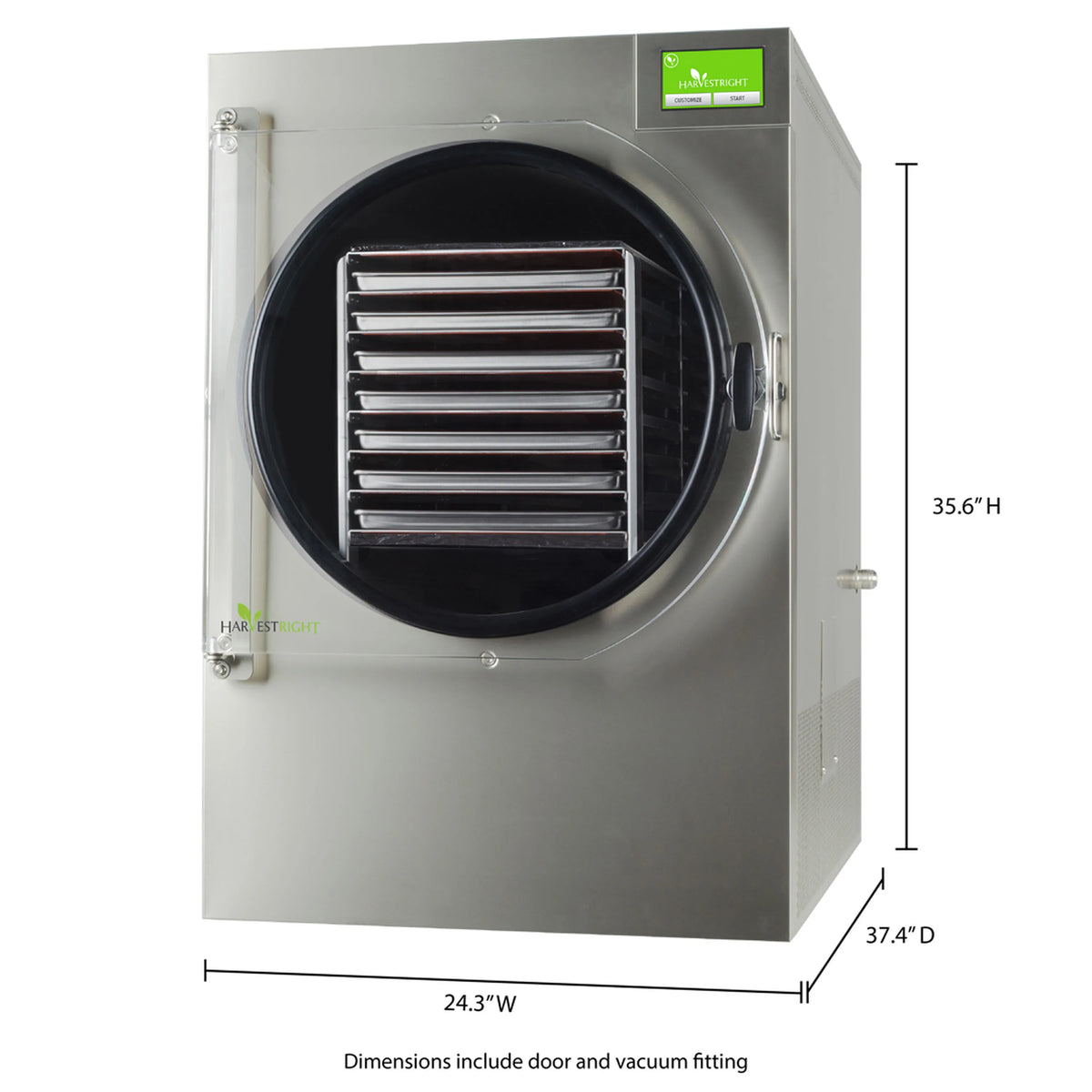 Stainless steel freeze dryer front view with vented interior racks and dimension labels