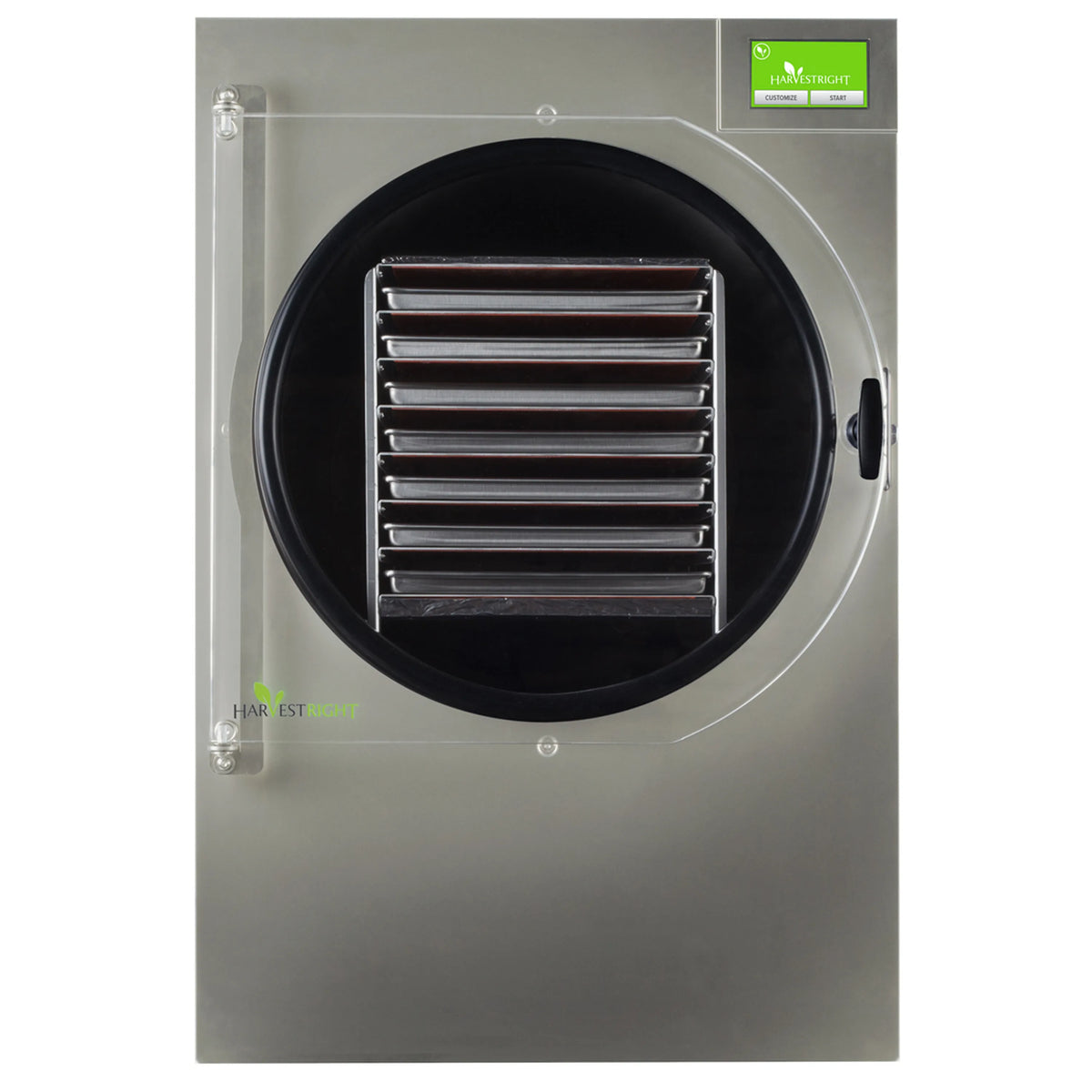 Stainless steel freeze dryer with round door and vented interior racks, centered front view