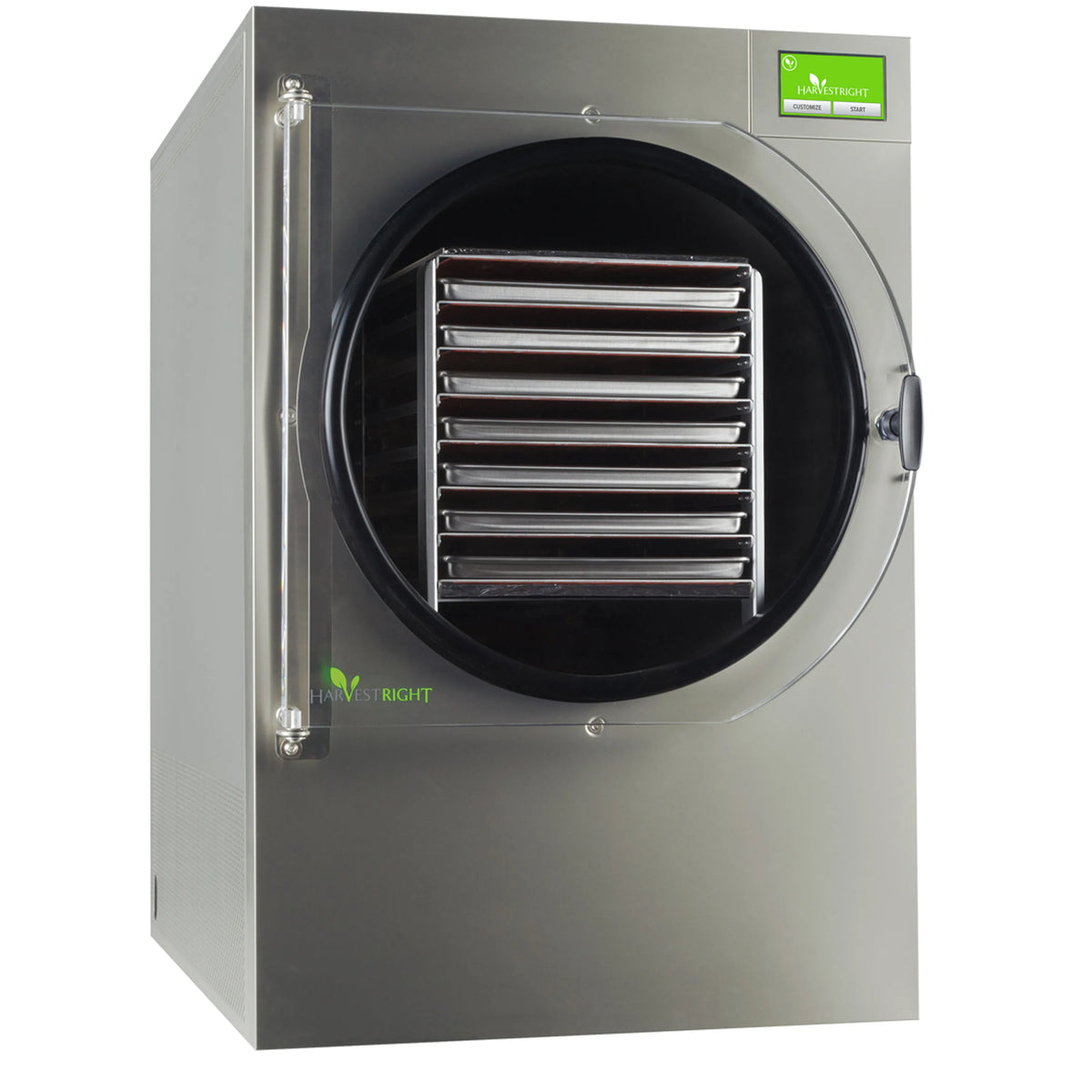 Stainless steel freeze dryer with round door and vented interior racks, side view