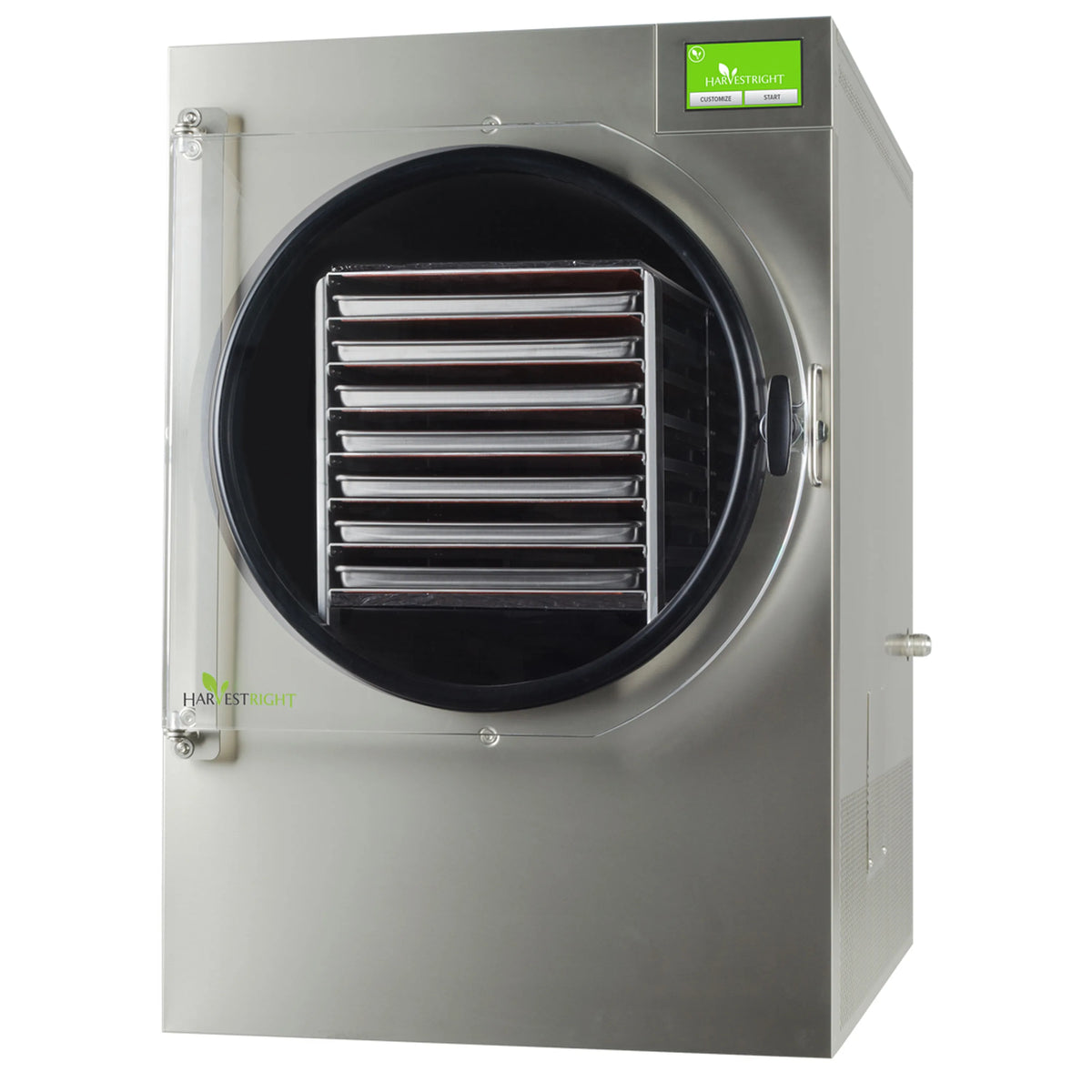 Stainless steel freeze dryer with round door and vented interior racks, front angled view