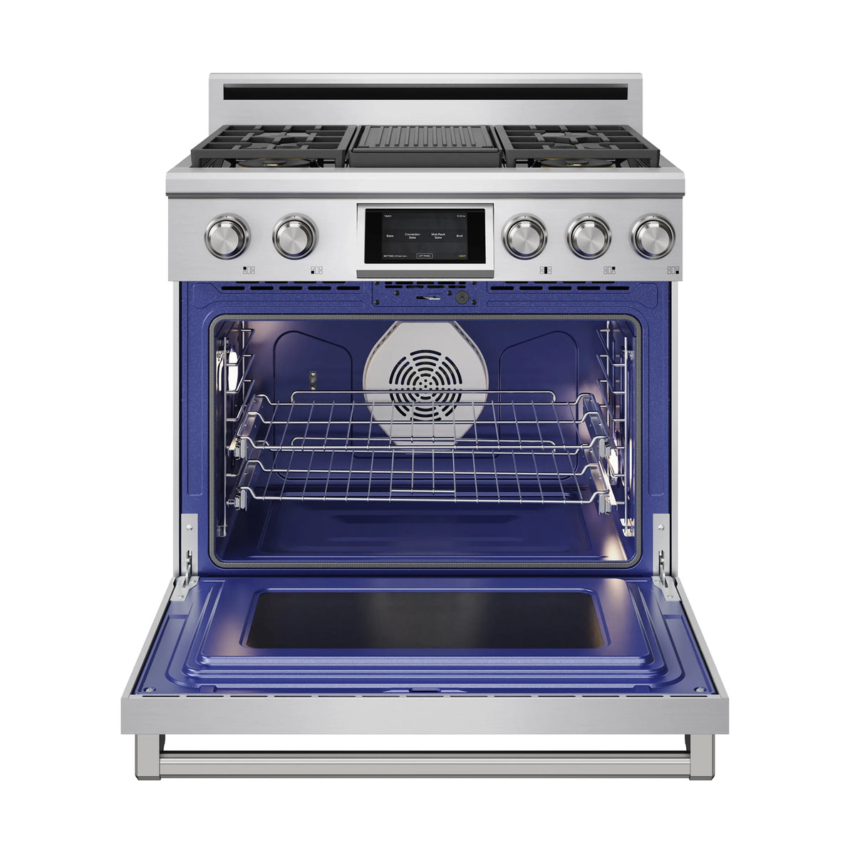 Stainless steel dual fuel range with open oven door, black interior and 5-burner cooktop