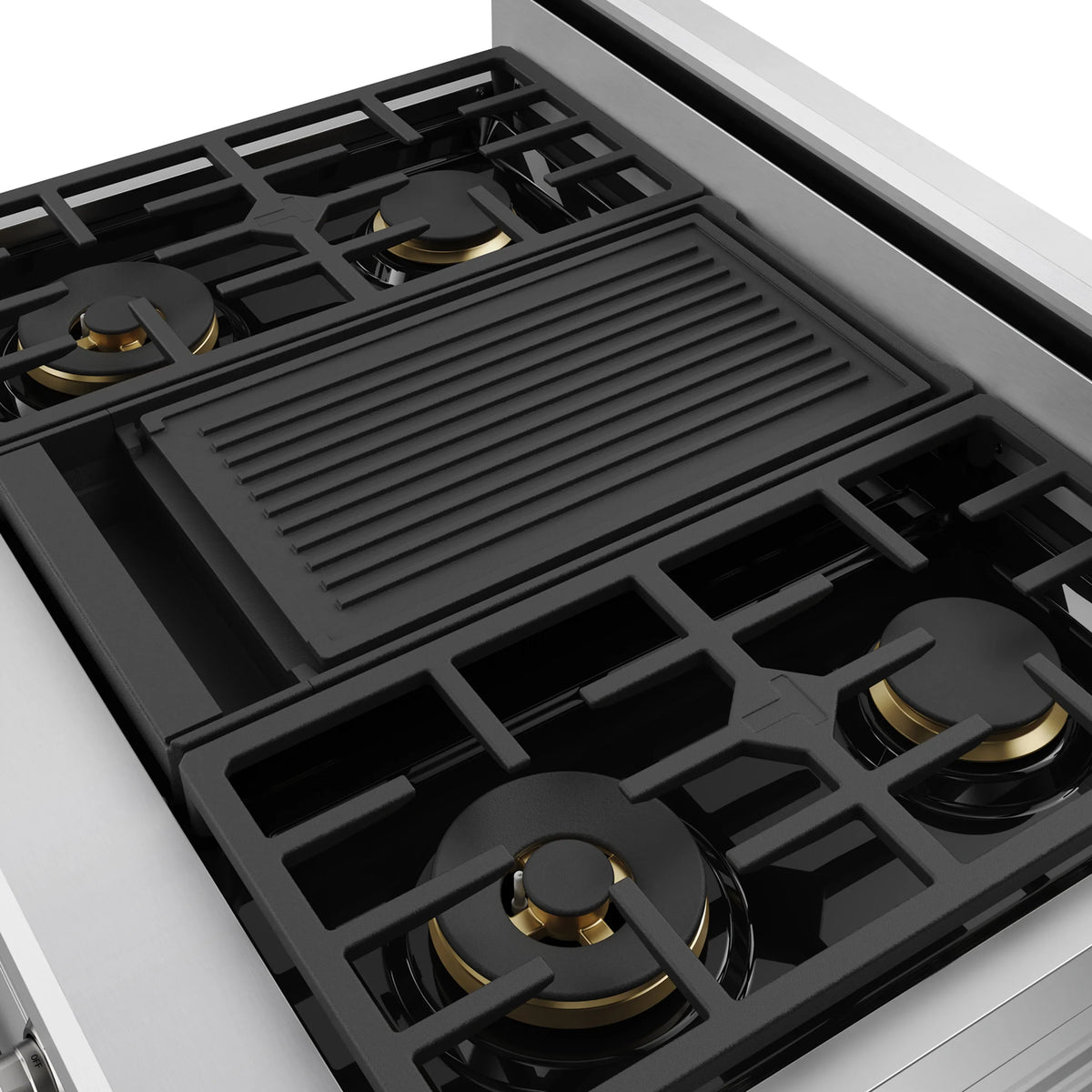 Stainless steel cooktop with griddle plate and four burner heads