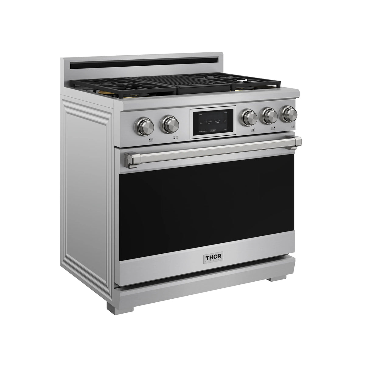 Stainless steel dual fuel range with raised oven door handle and control knobs