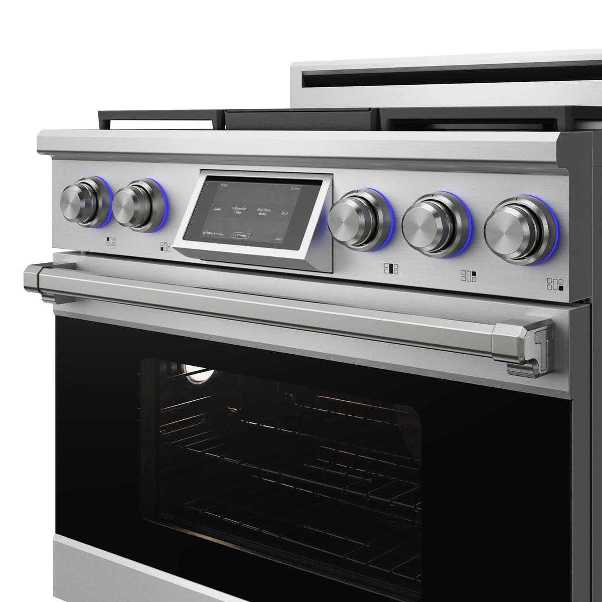 Stainless steel dual fuel range close-up with control panel knobs and oven window