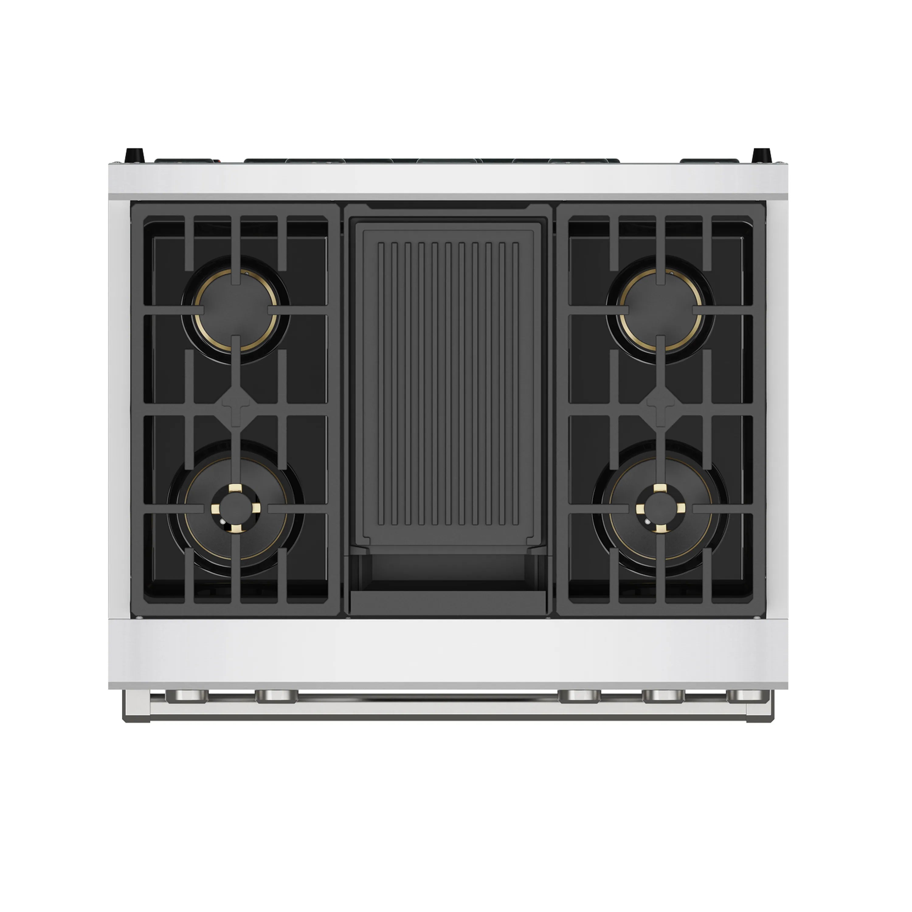 Dual fuel range cooktop top view with black grates and four burner positions