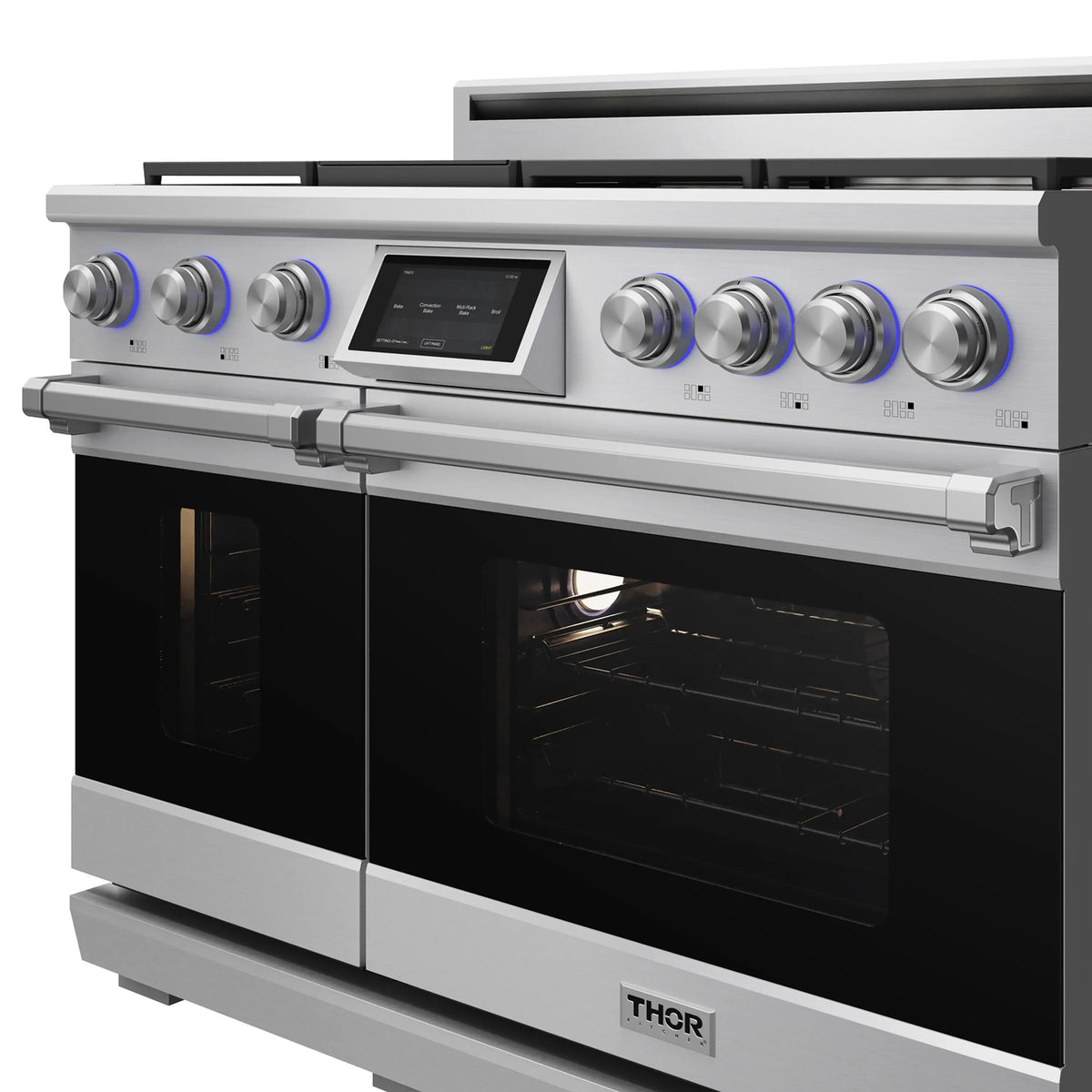 Stainless steel dual fuel range with front control knobs and dual black oven windows