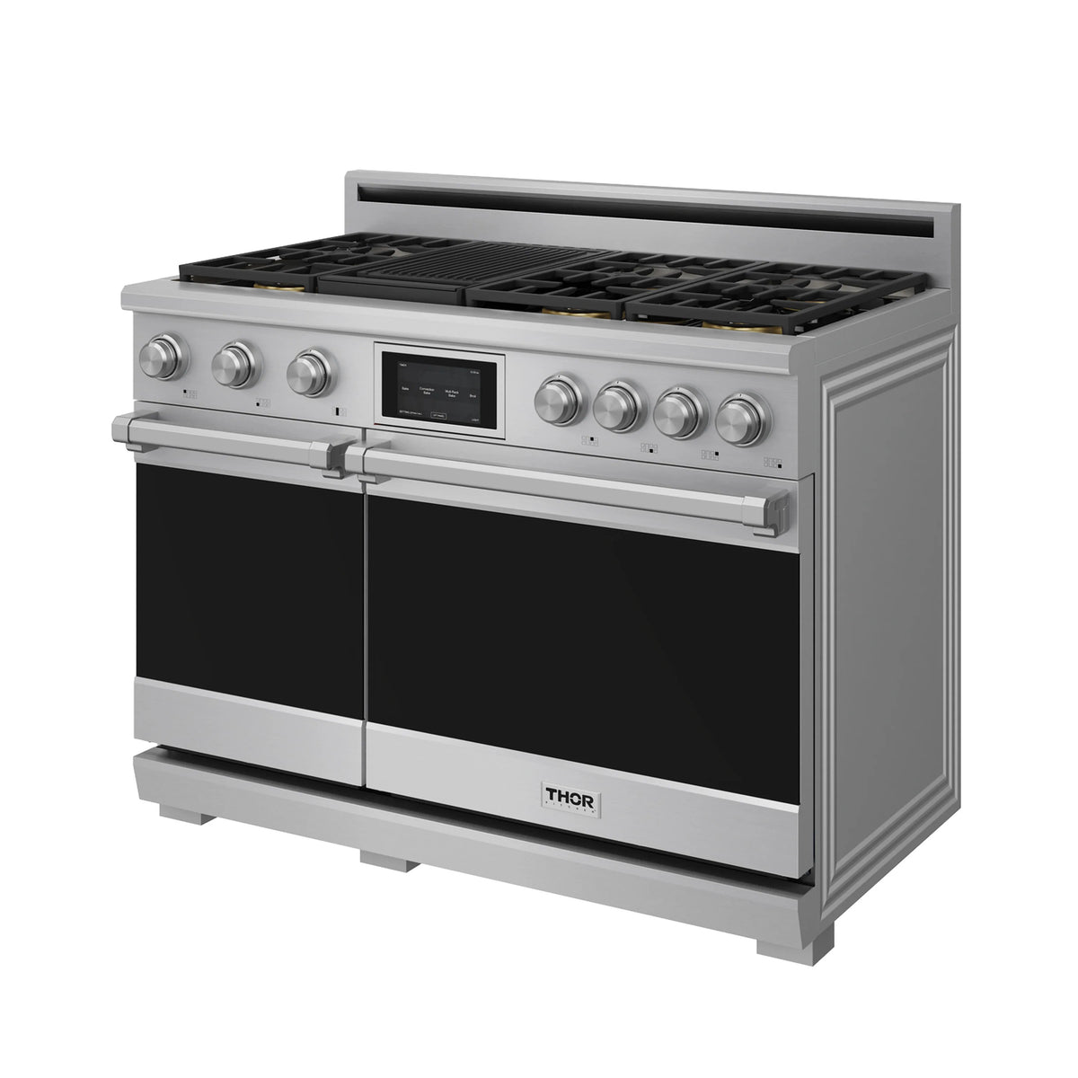 Stainless steel dual fuel range front corner view with oven doors and cooktop grates