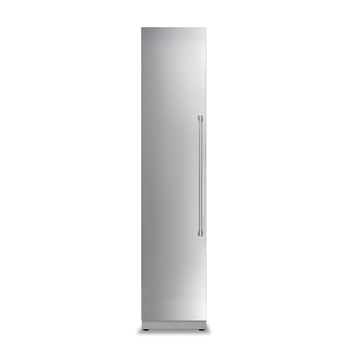 Stainless refrigerator/freezer door with vertical handle and smooth side profile