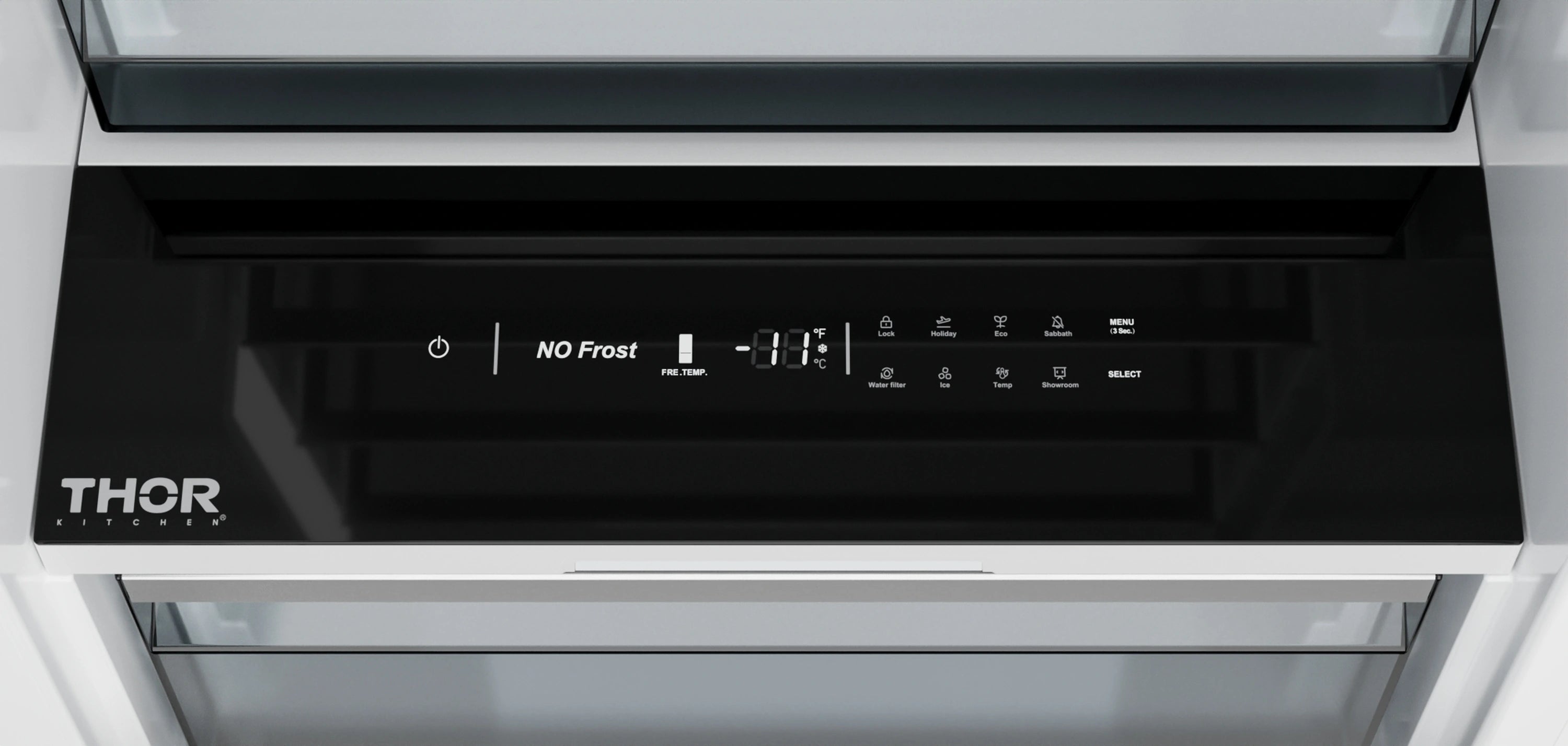 Recessed freezer control panel with Thor logo, icons, and digital display.