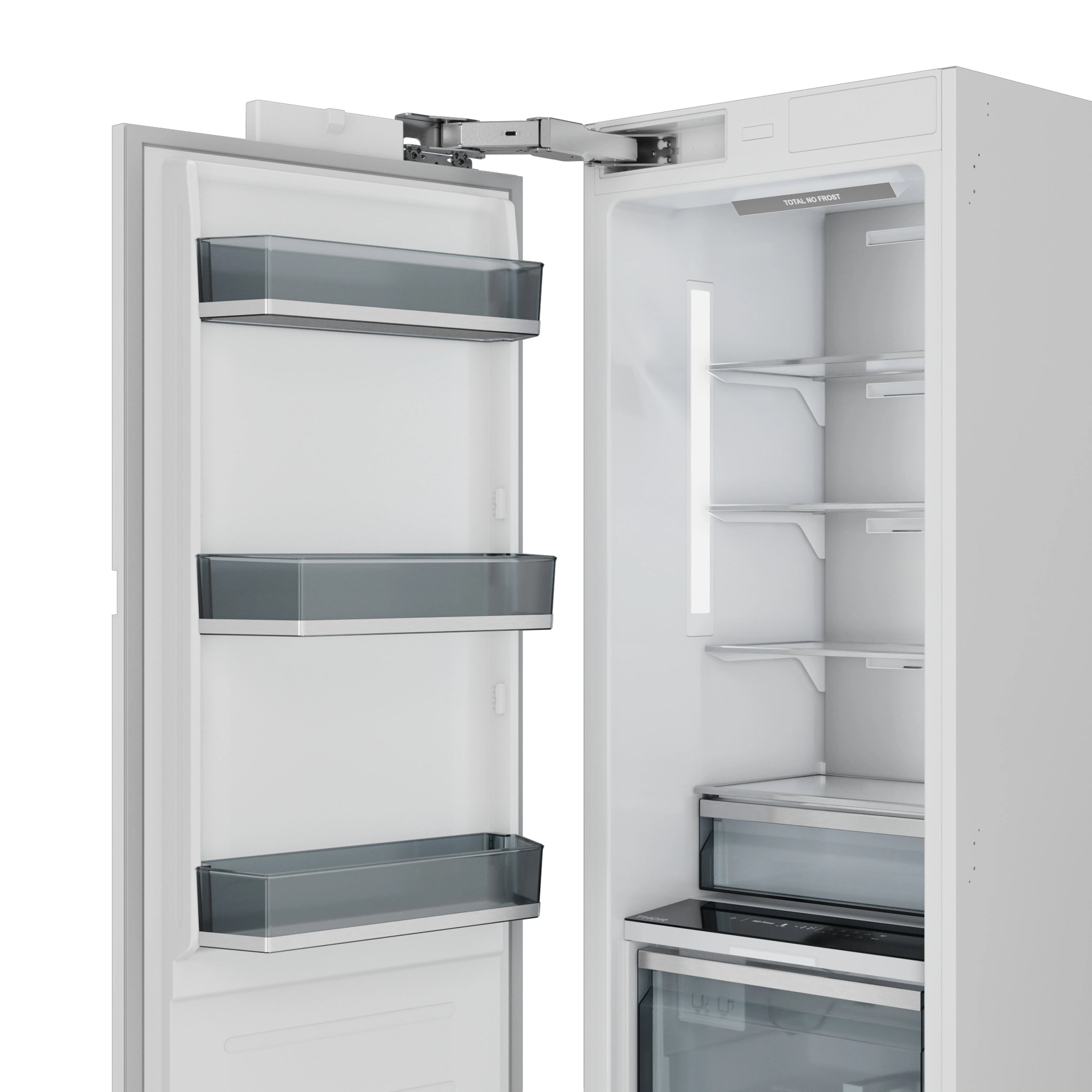 Open column freezer door showing glass shelves and interior drawers.