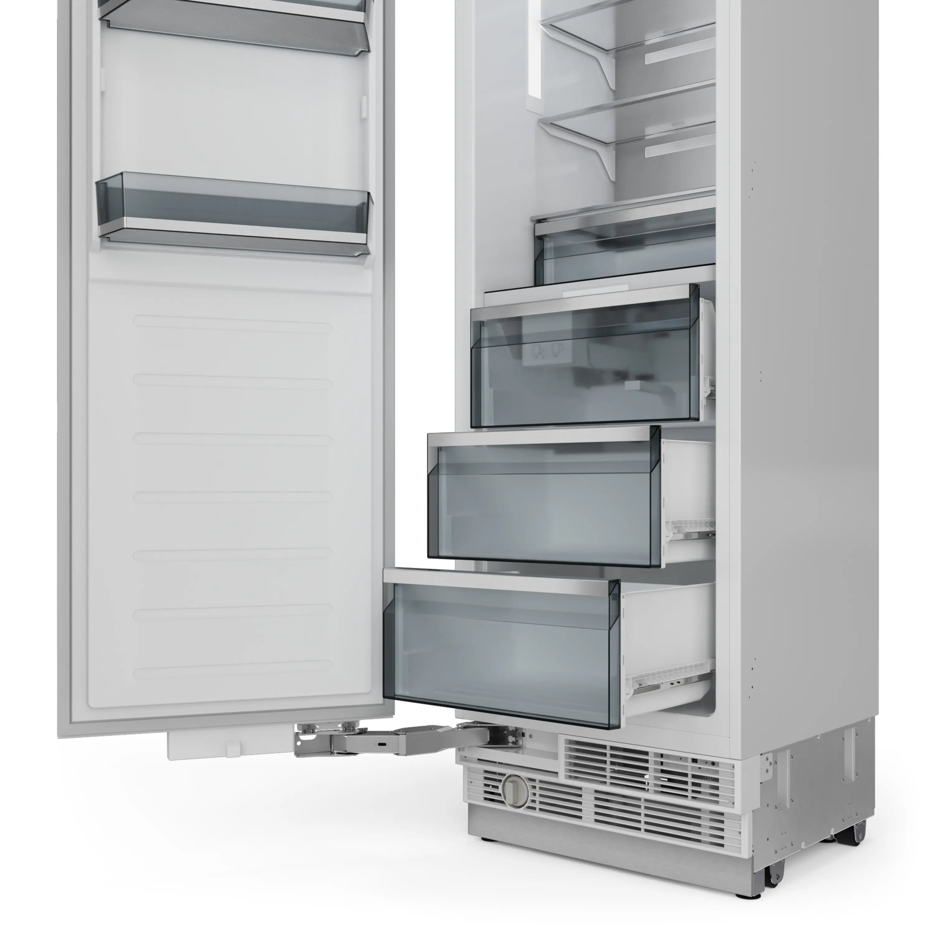 Open column freezer with inner drawers and clear see-through bins.