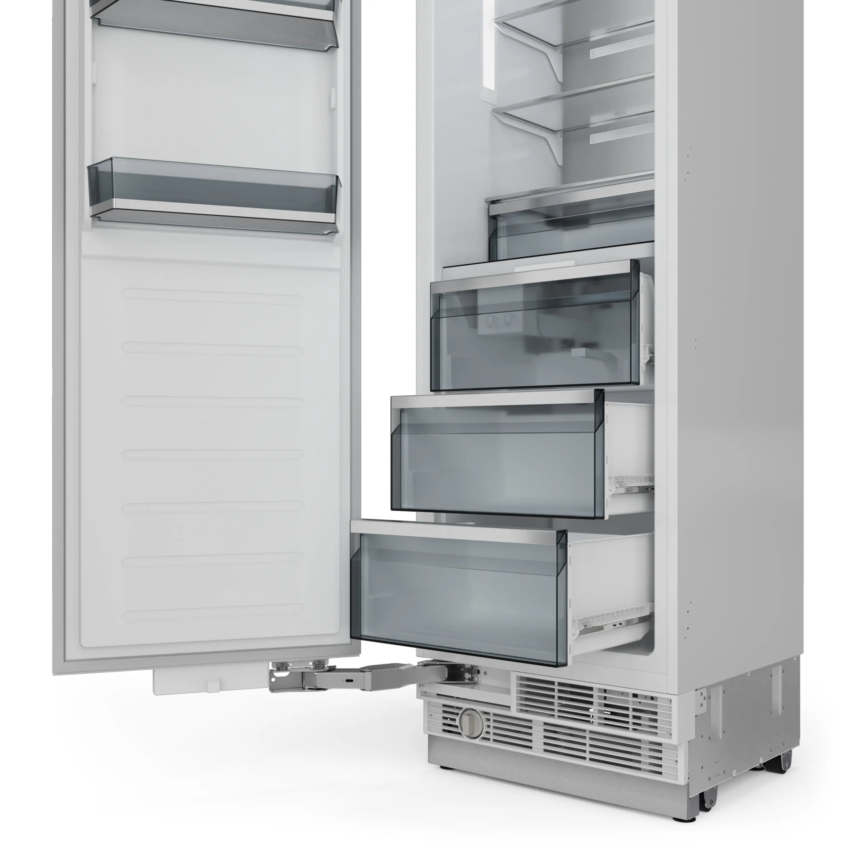 White column freezer with open ice maker compartment and clear storage drawers