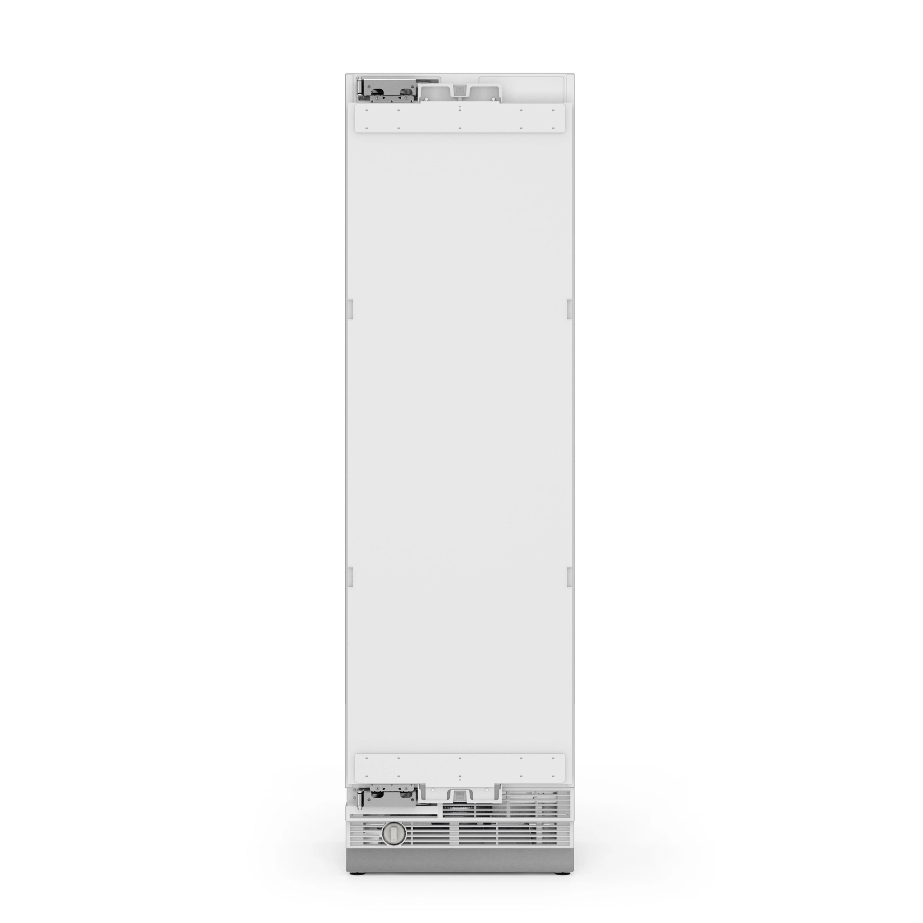 Column freezer with doors closed, showing rear top fittings and front vent.