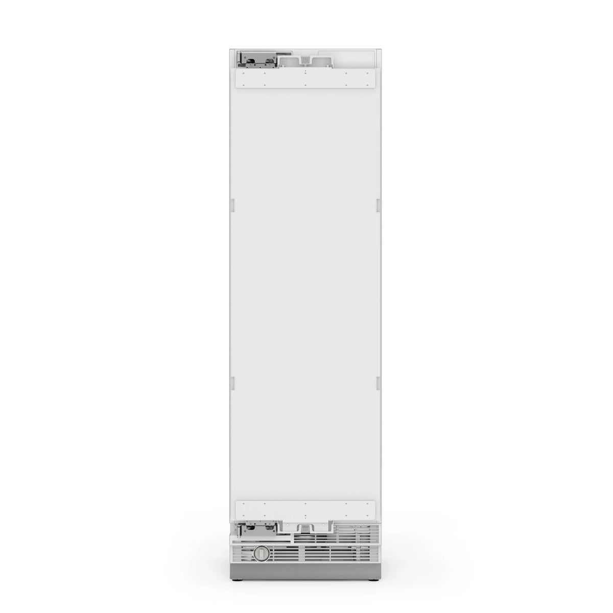 Panel-ready white refrigerator-freezer column with top hinge area and bottom grille