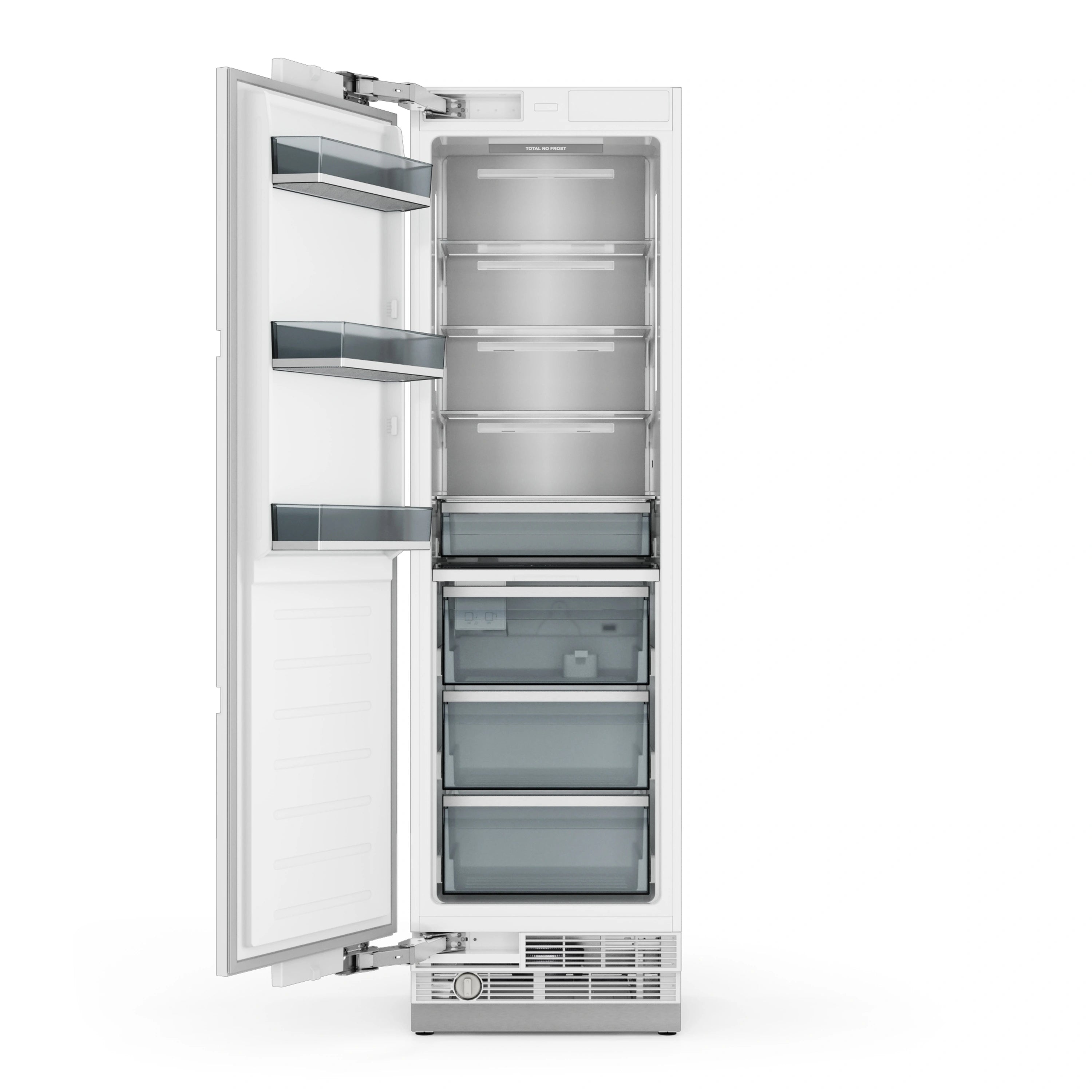 Open column freezer with multiple shelves and stacked drawers inside.
