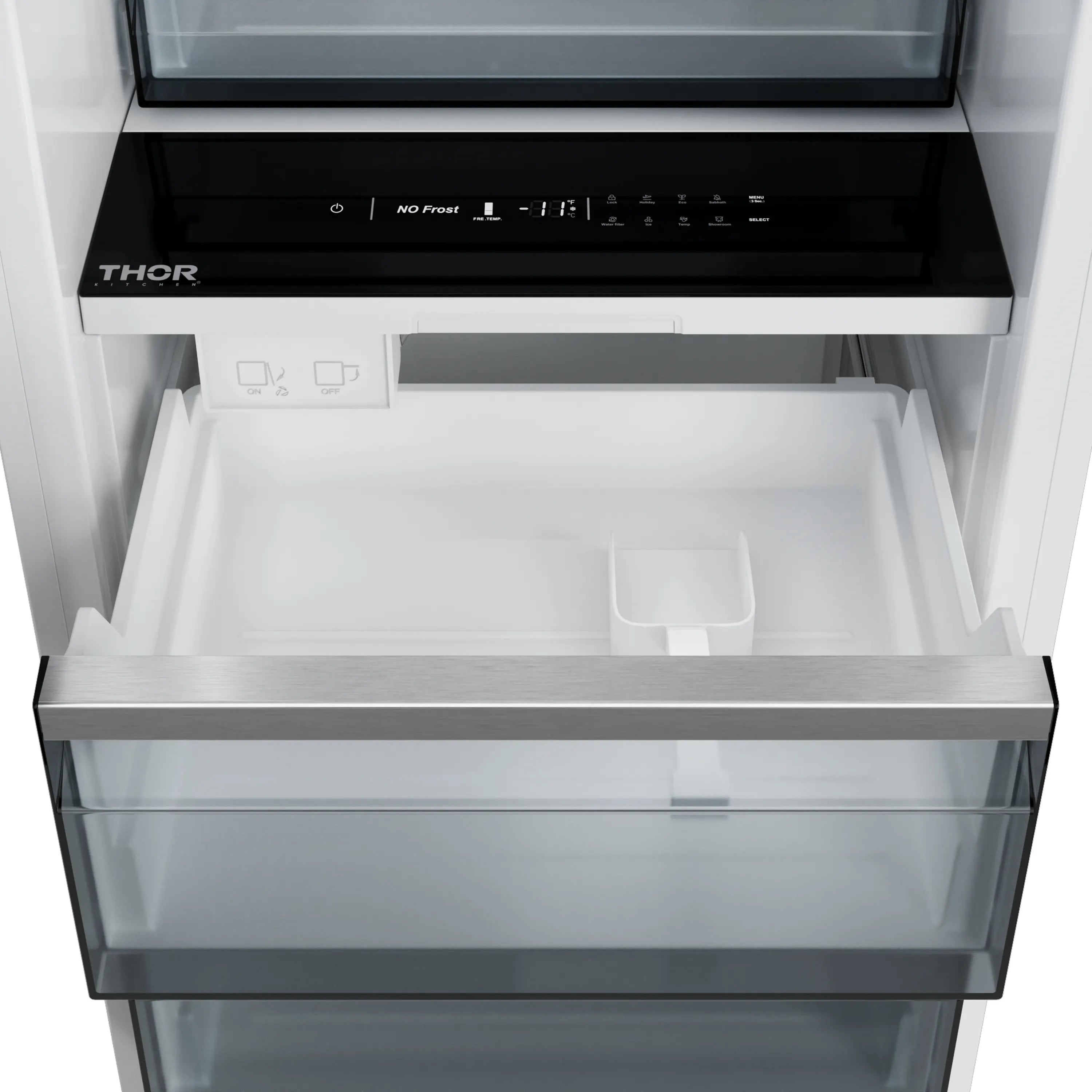 Open freezer door revealing top compartments and clear glass drawer fronts.