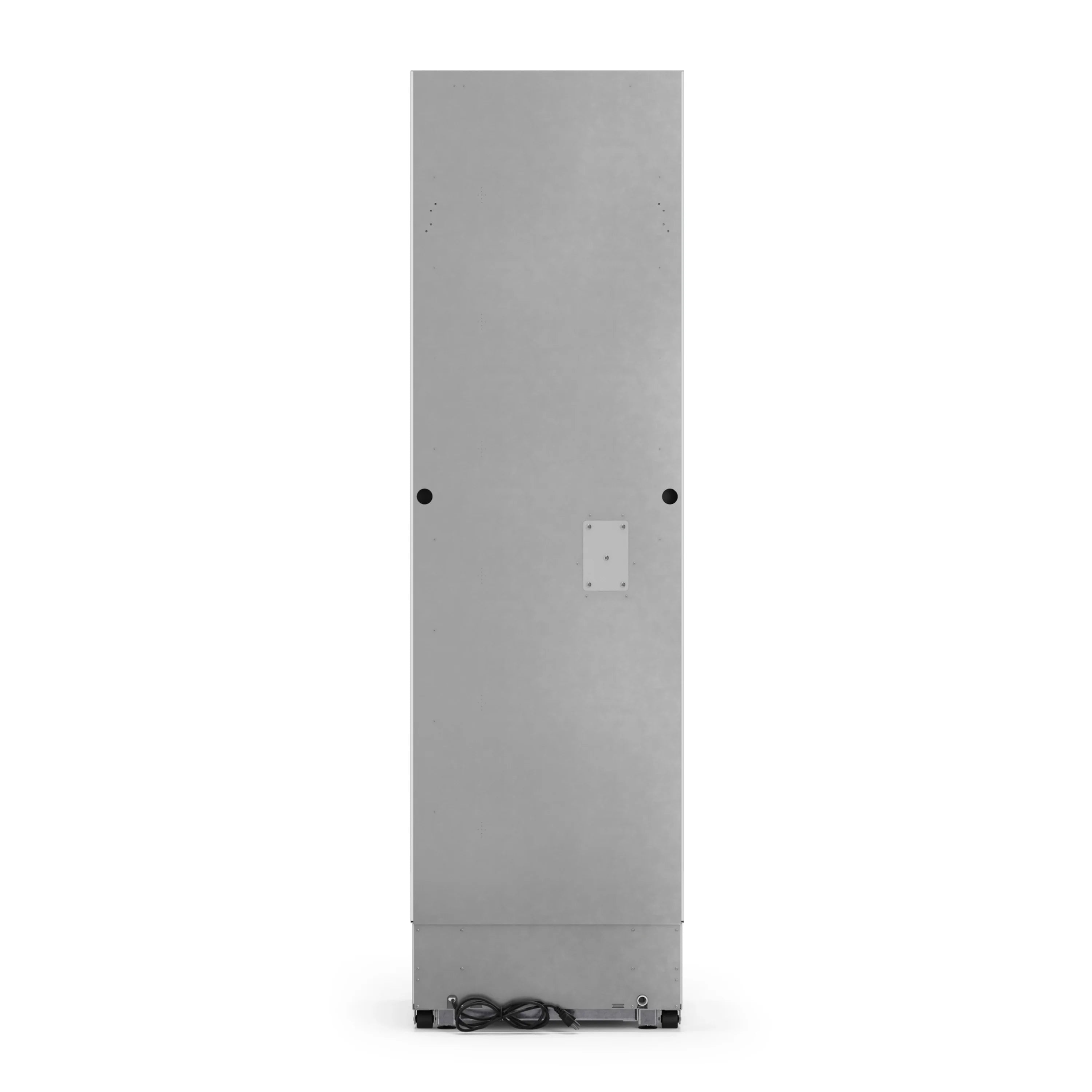 Stainless refrigerator back panel with mounting holes and power cord at base.