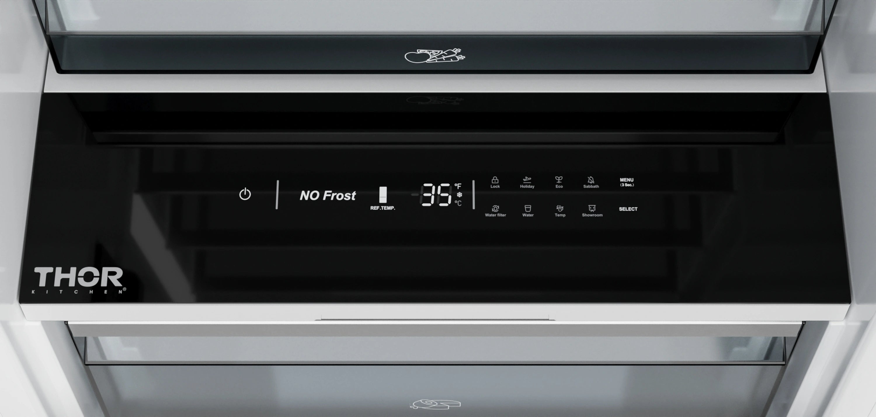 Black refrigerator control panel with digital display and no frost settings
