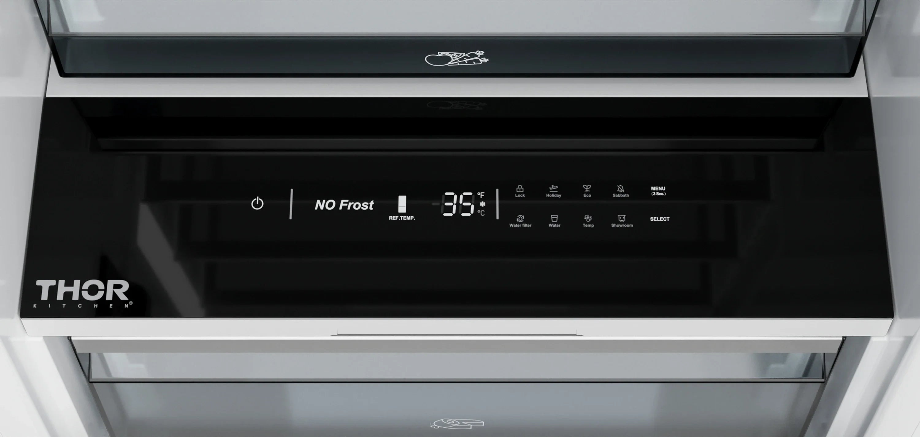 Black control panel on refrigerator interior with THOR branding and temperature display.