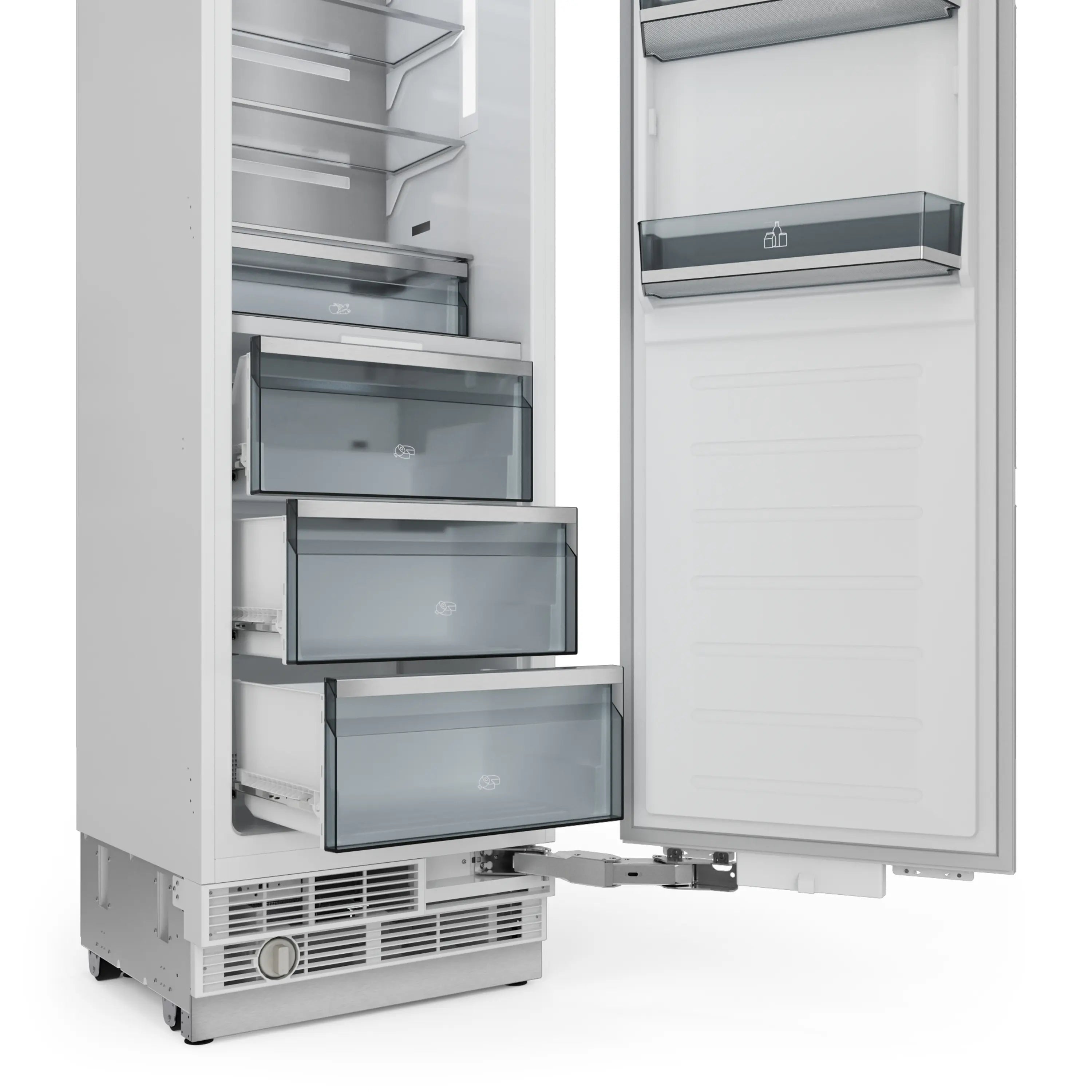 Open refrigerator interior with drawers and shelves, stainless column base.