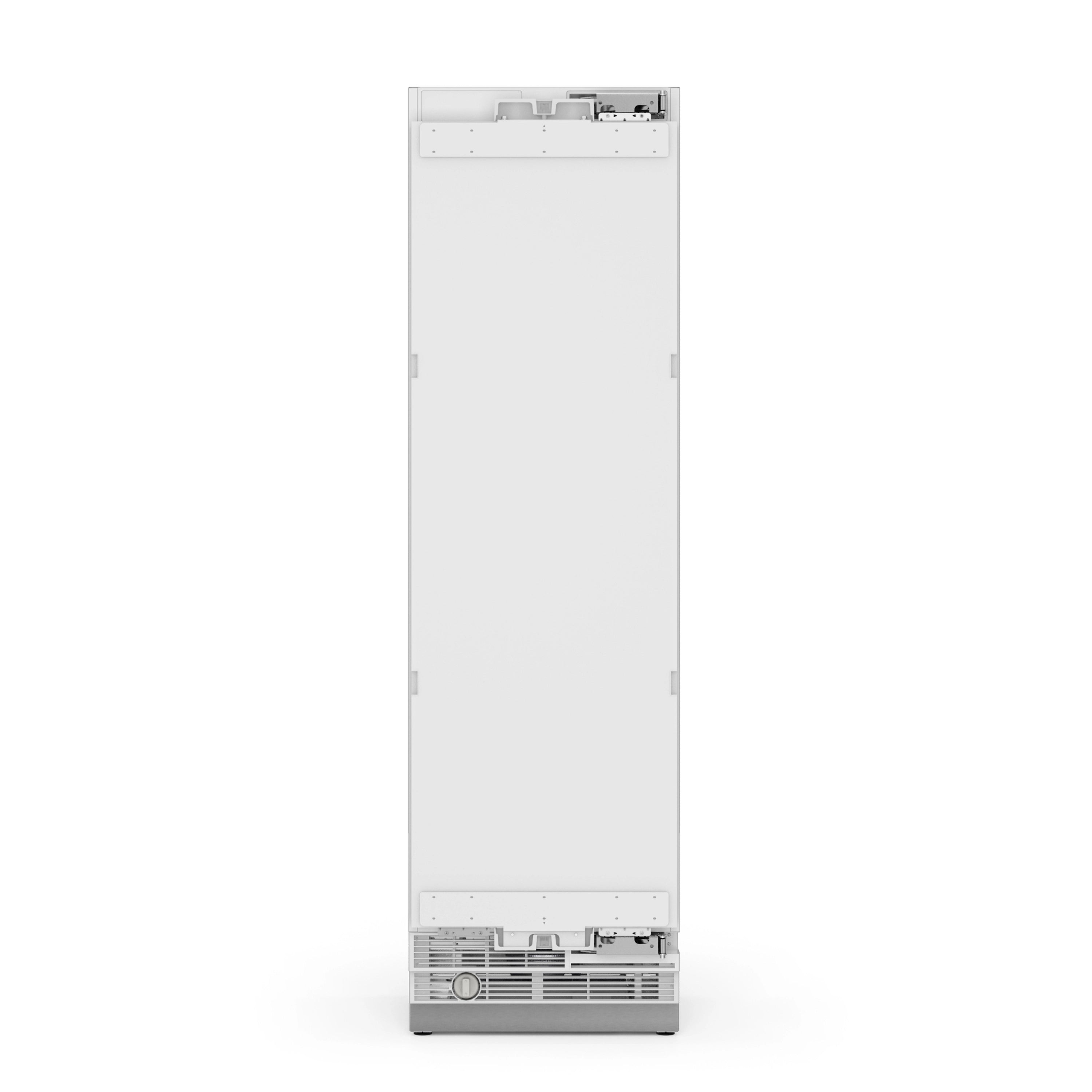 White panel-ready refrigerator back panel with bottom vents and leveling feet
