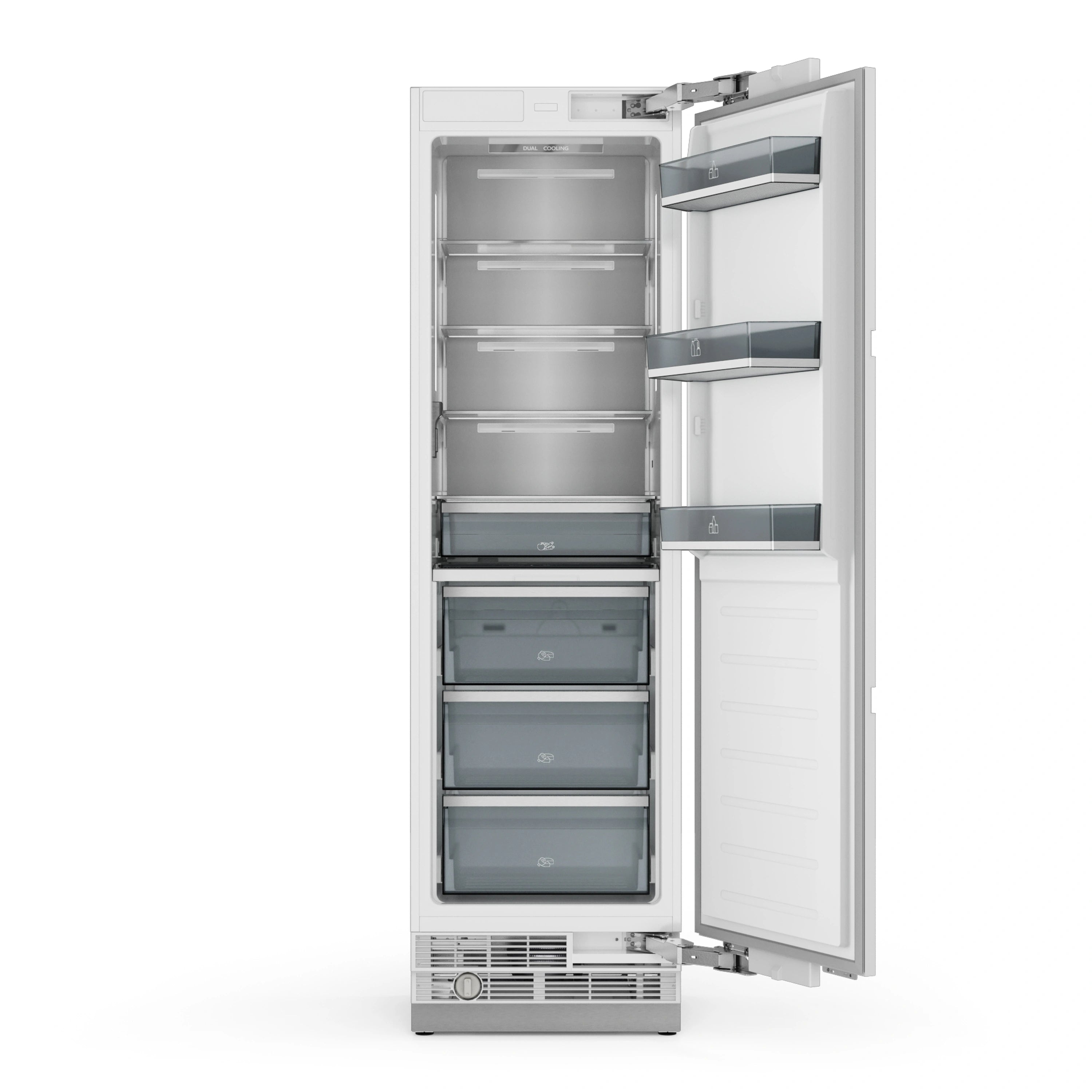 Open column refrigerator showing freezer drawer, shelves, and right door bins
