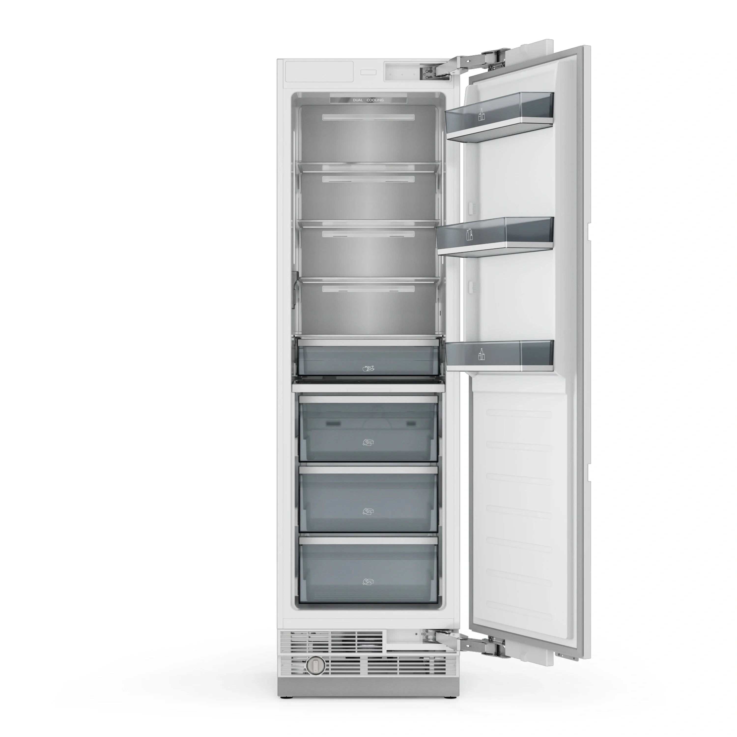 Thor Kitchen built-in column refrigerator-freezer with doors open, shelves and drawers visible.