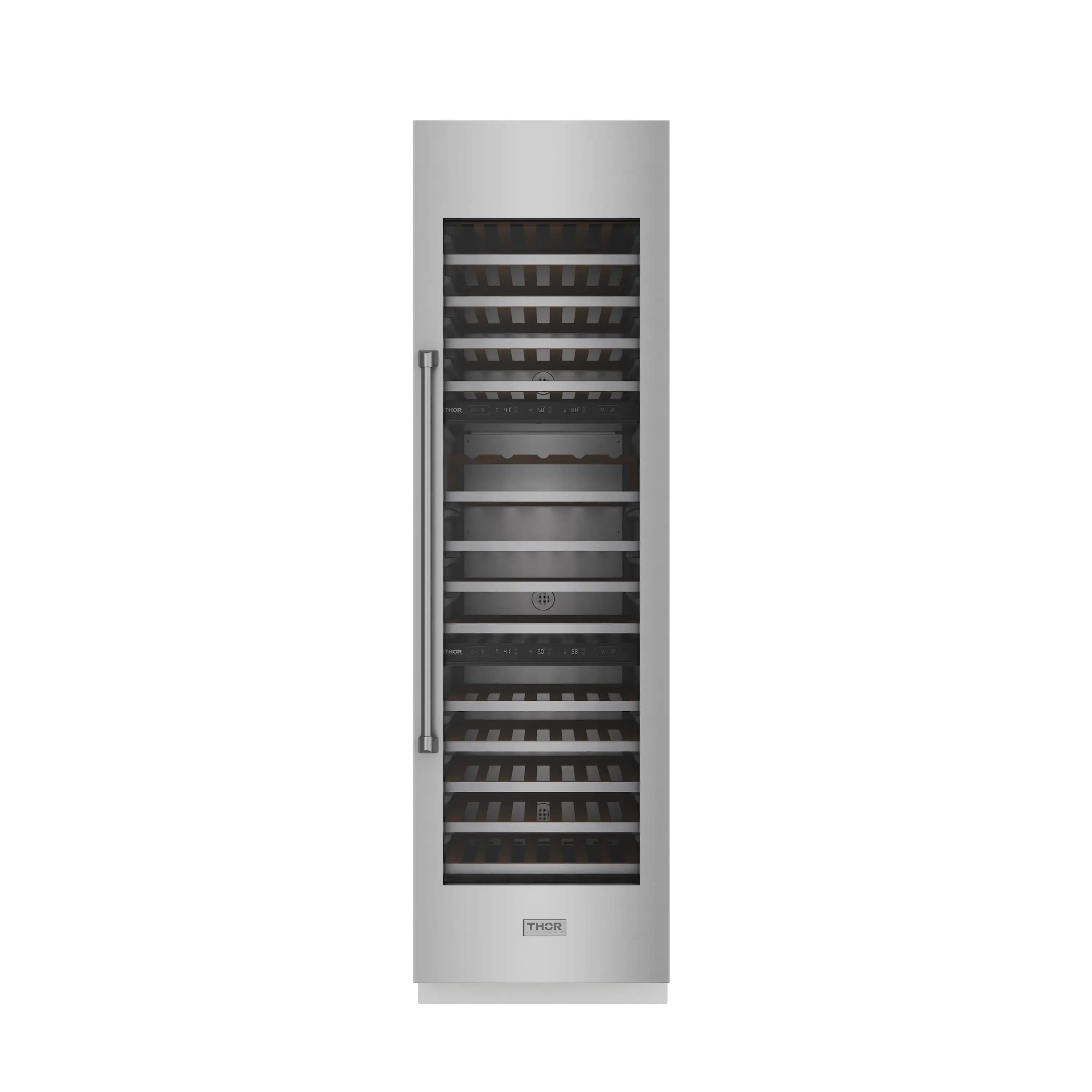 Stainless steel wine cooler with door closed, interior racks visible through glass.