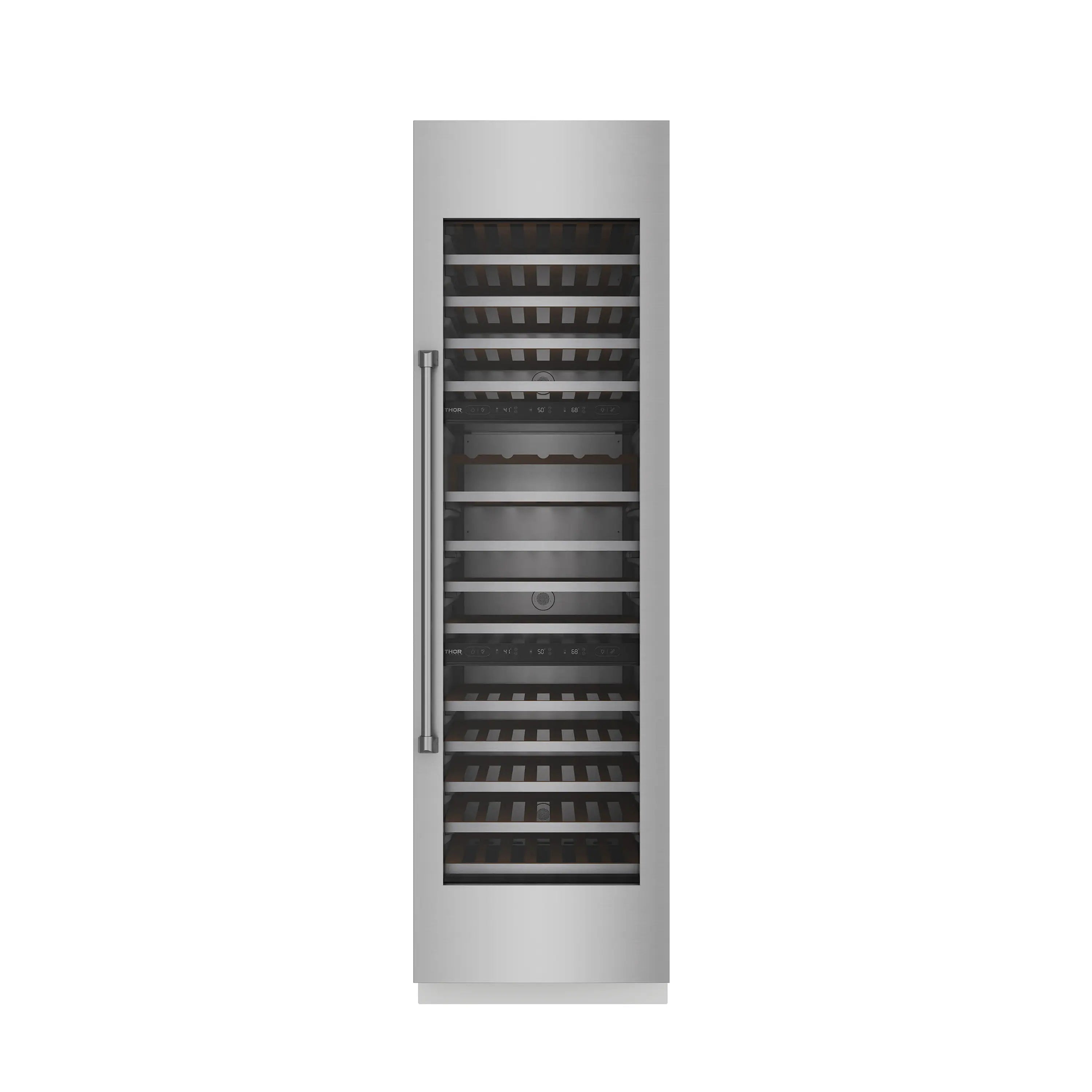 Stainless steel wine cooler door closed, visible shelves behind glass.
