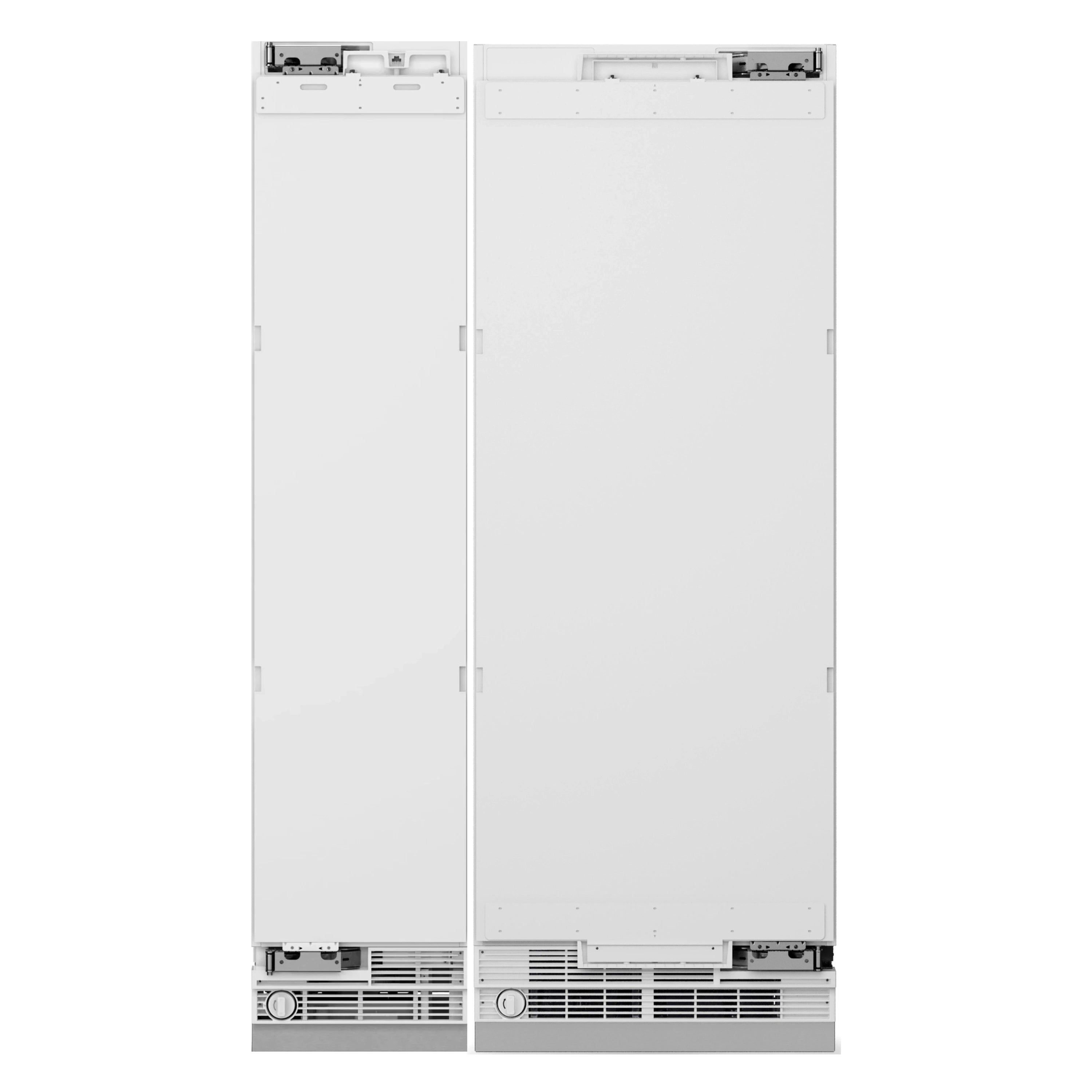 Panel-ready column refrigerator-freezer sides with open internal housing and vent grilles