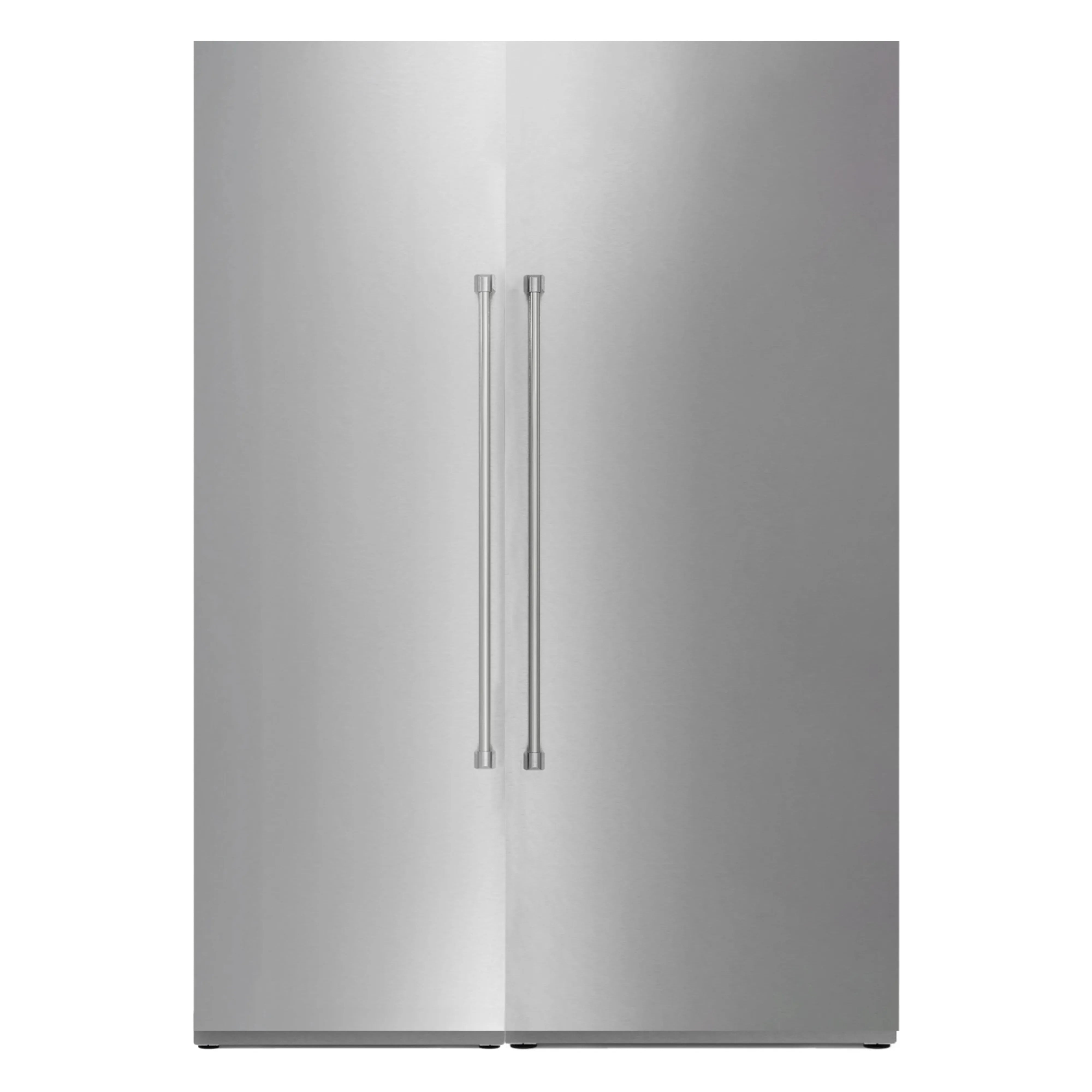 Stainless steel refrigerator with double doors and vertical bar handles