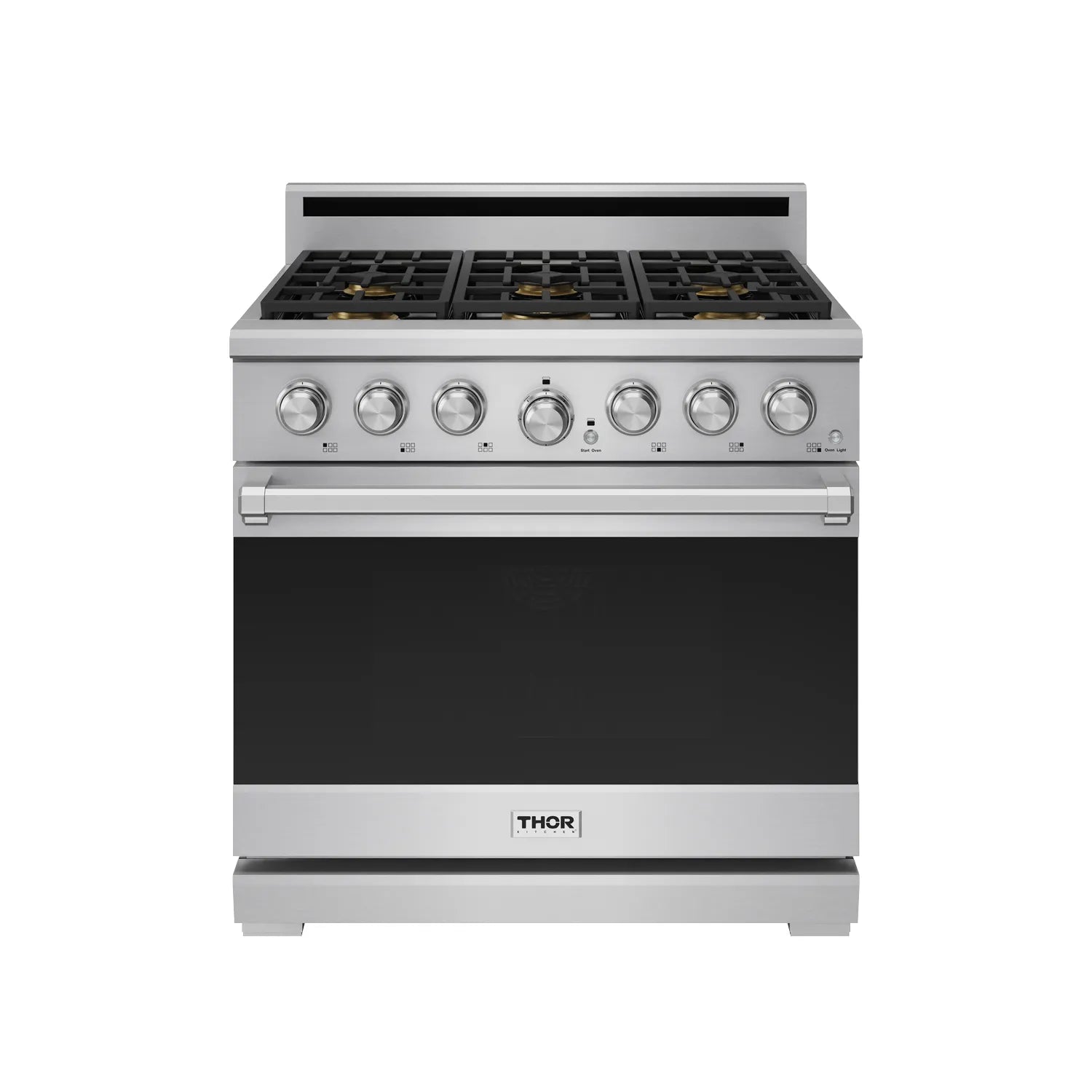 Stainless steel 36-inch propane gas range with six front burner knobs