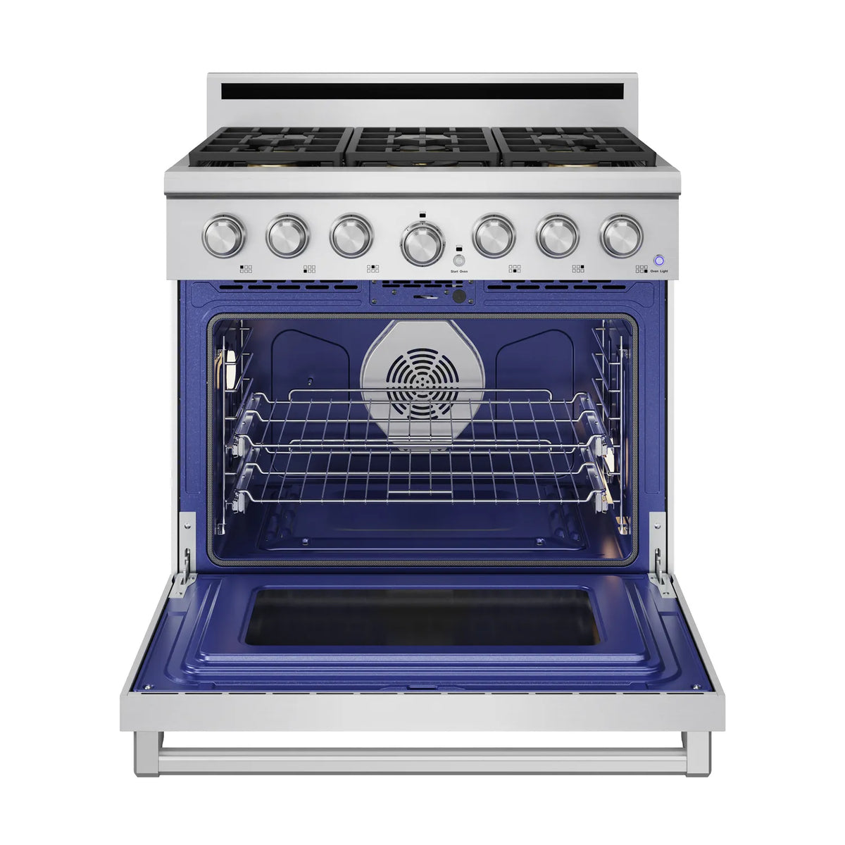 Open oven of stainless gas range with racks, fan, and blue enamel interior
