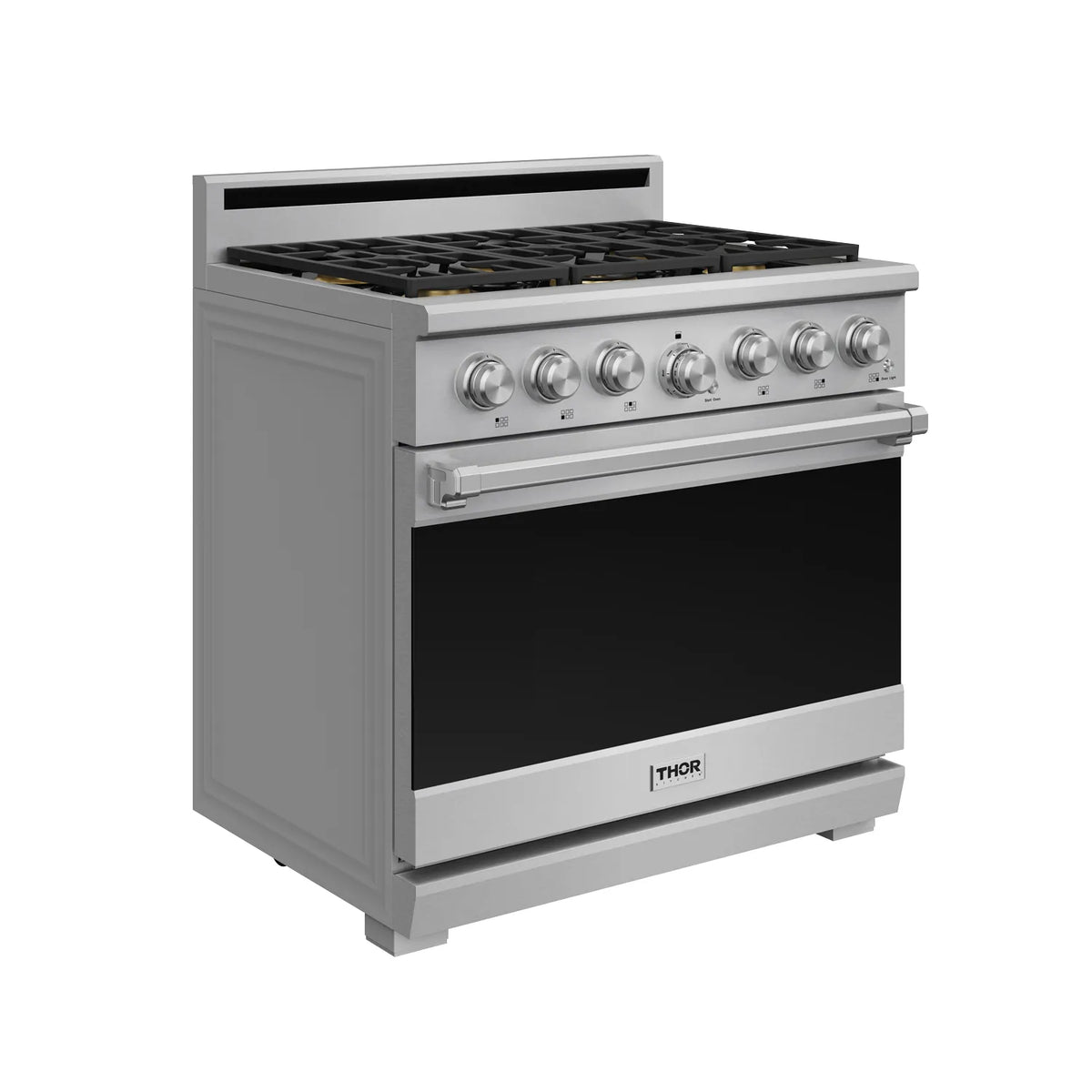 Stainless steel gas range with black glass oven door and burner grates