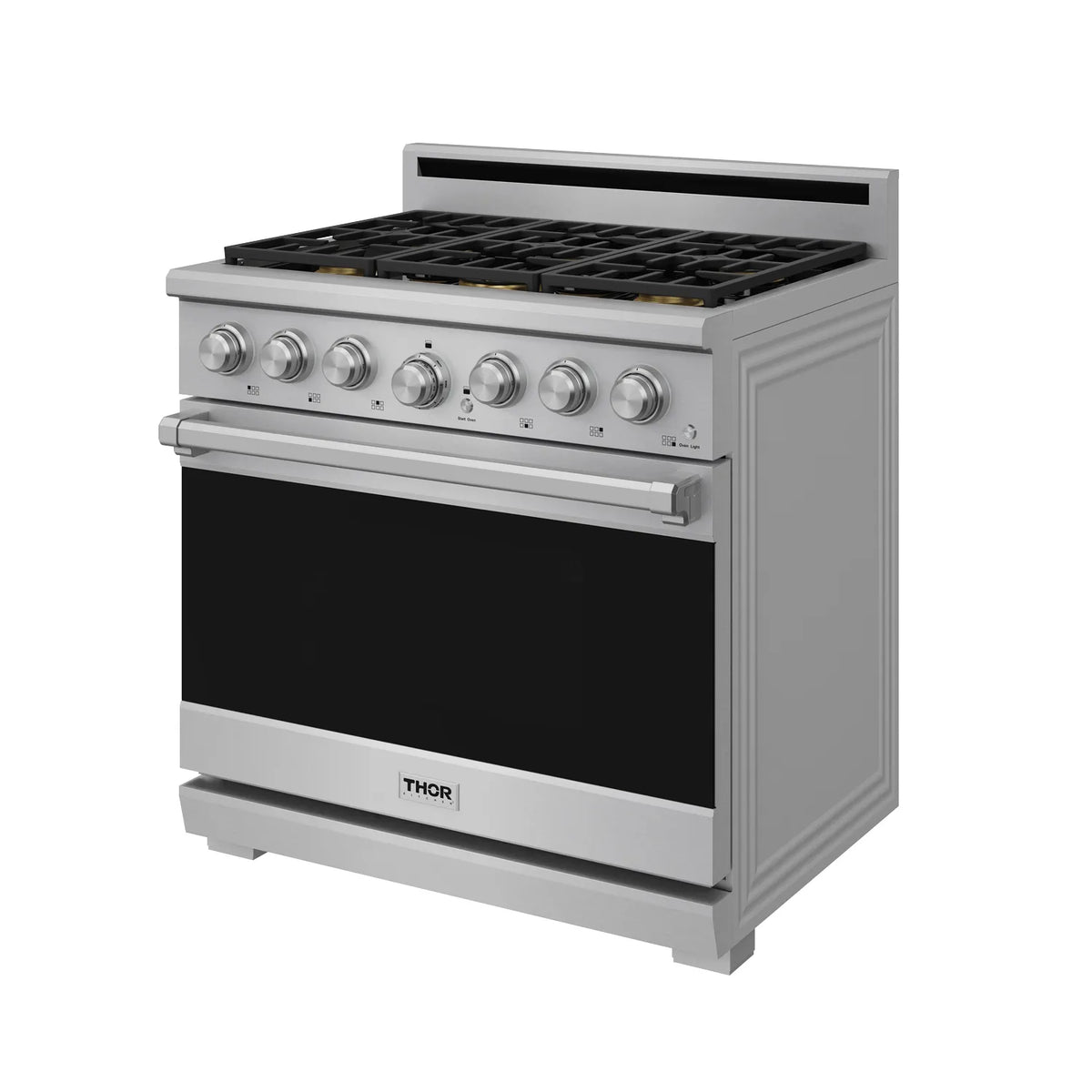 Stainless steel gas range with open cooktop and black oven door window