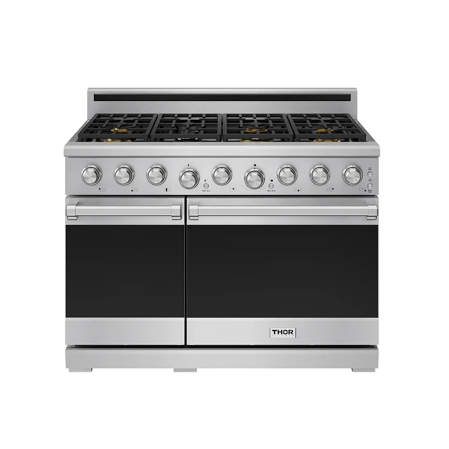 Stainless steel gas range with six burners and control knobs, front view