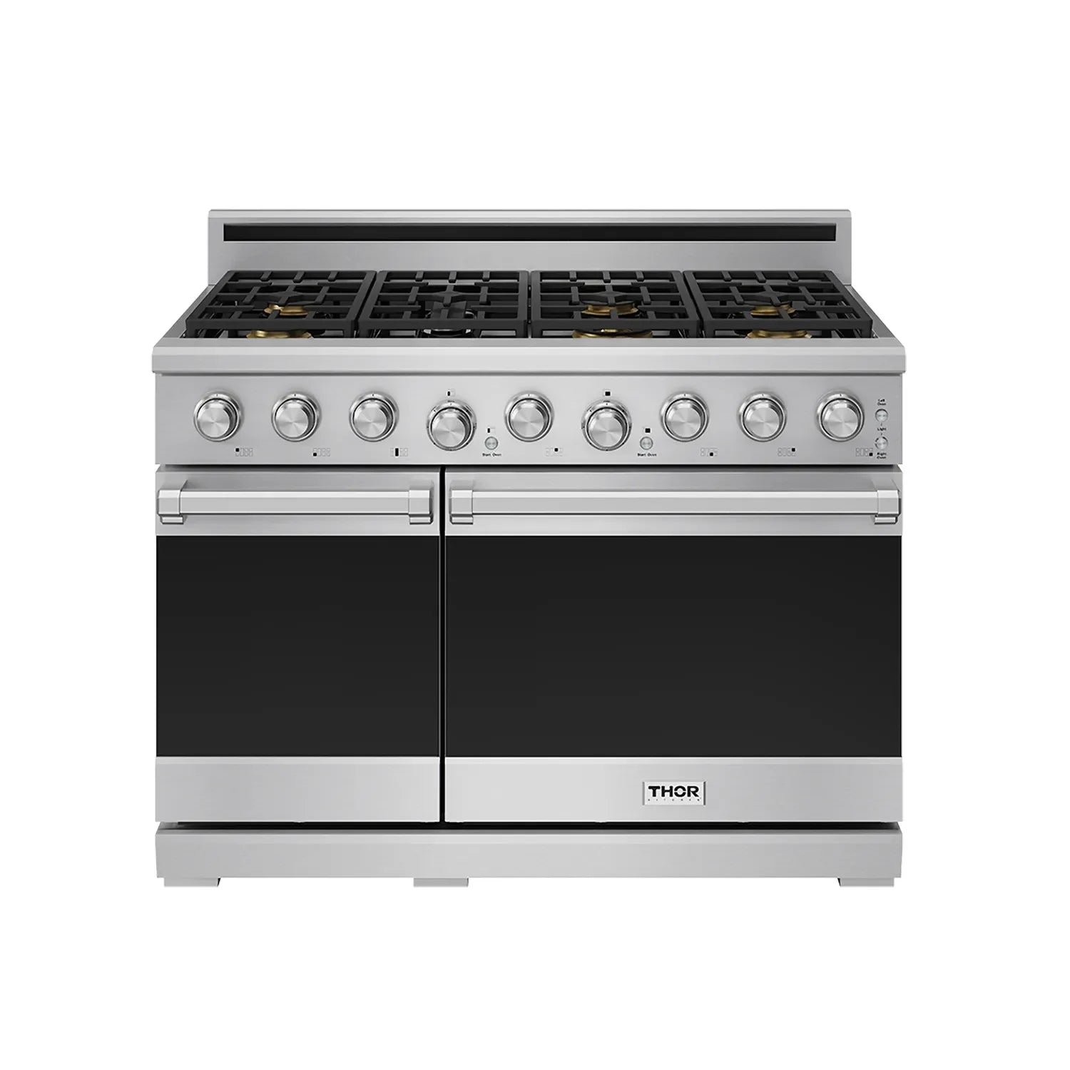 Stainless steel gas range front view with multiple burner knobs and black oven doors