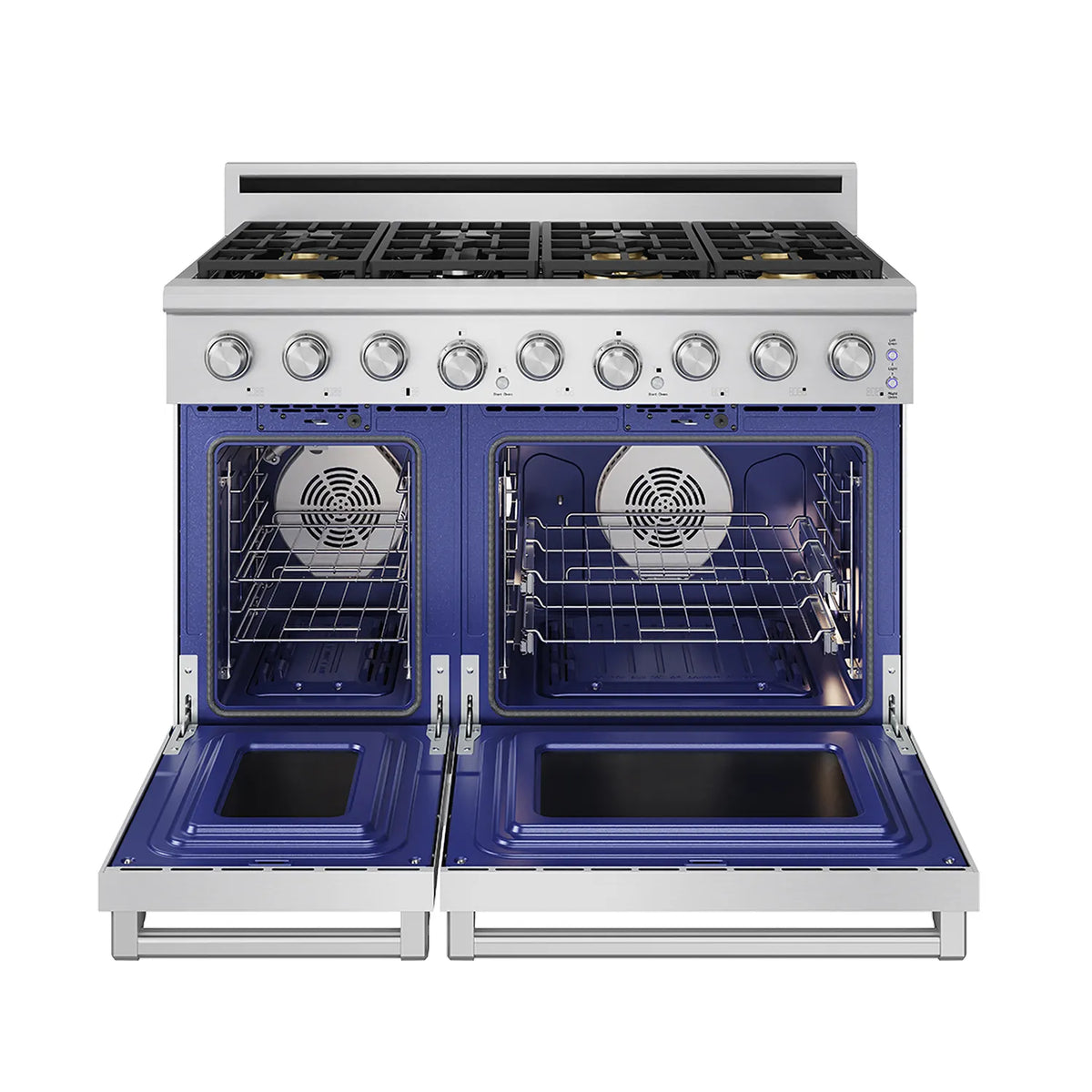 Stainless steel gas range with two open ovens and blue interior panels