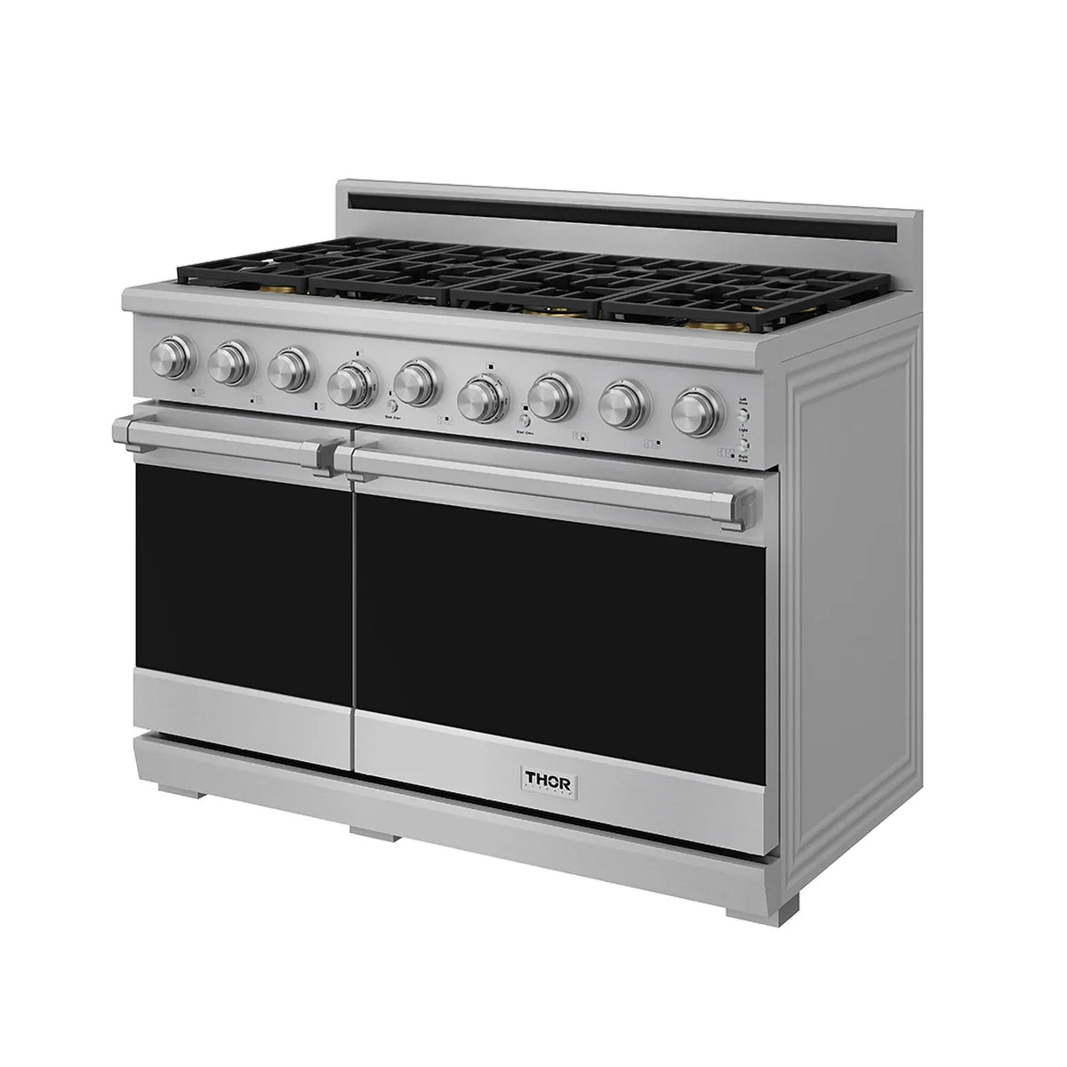 Stainless steel propane gas range with four control knobs and two oven doors