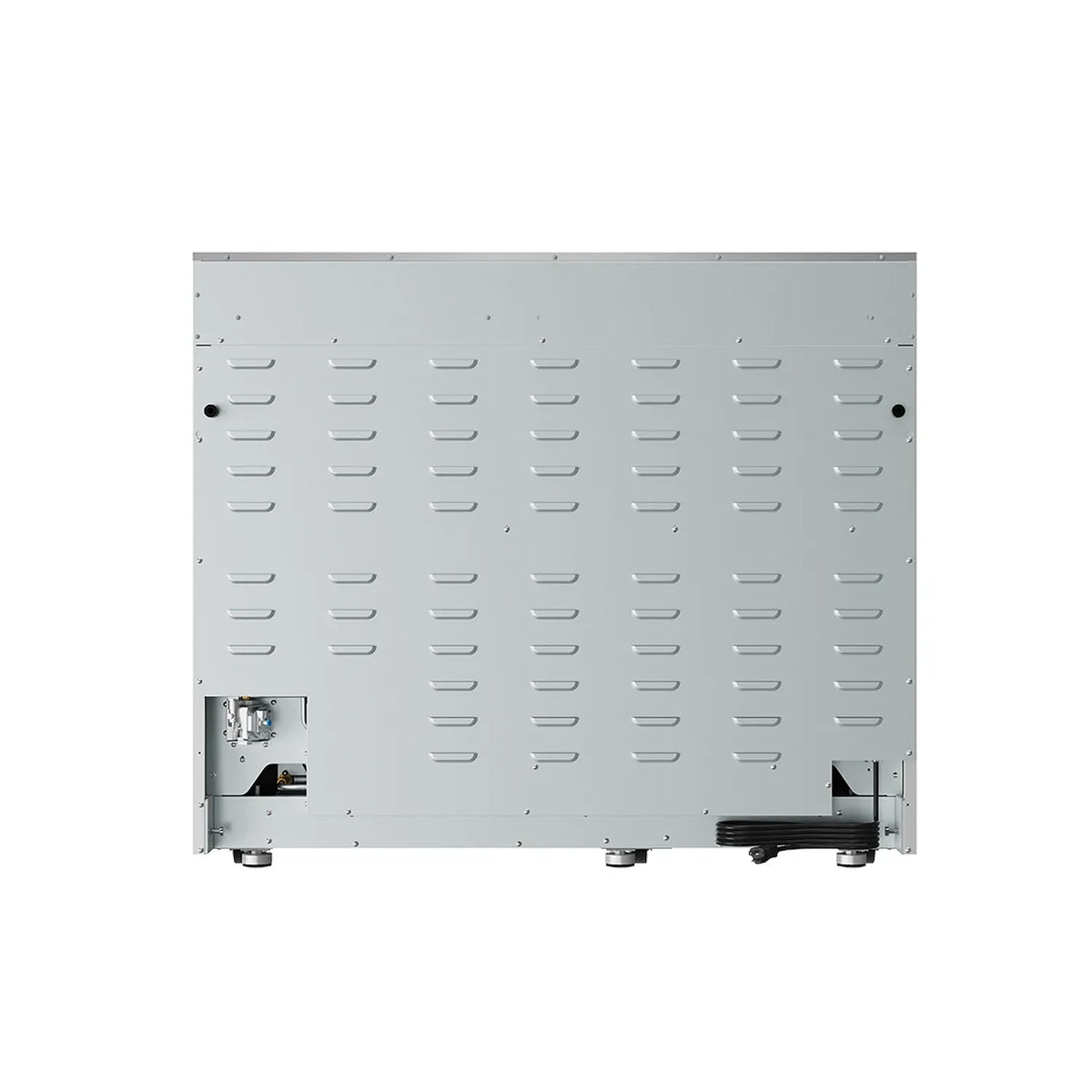 Stainless steel rear base panel with vent slots and access openings