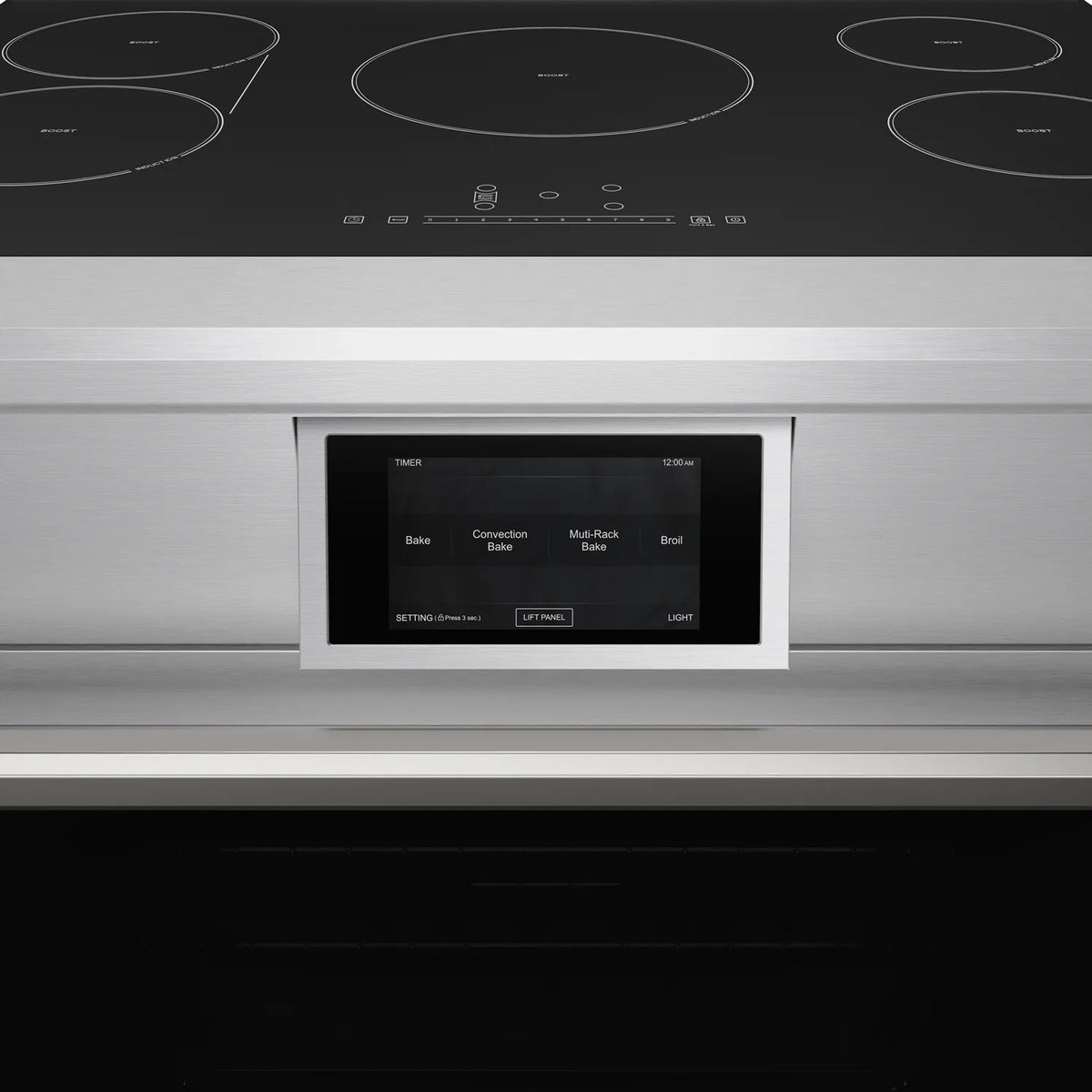 Stainless steel induction range control panel with cooking mode screen on front