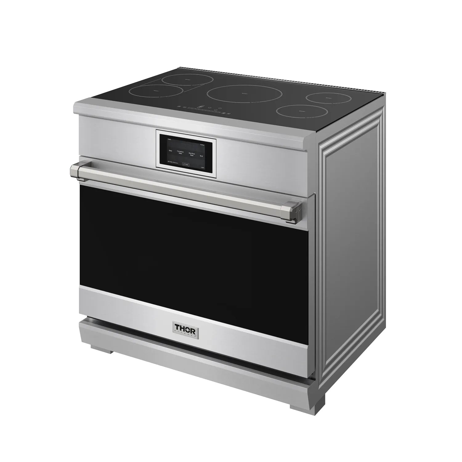 Stainless steel induction range angled view with black cooktop and oven door