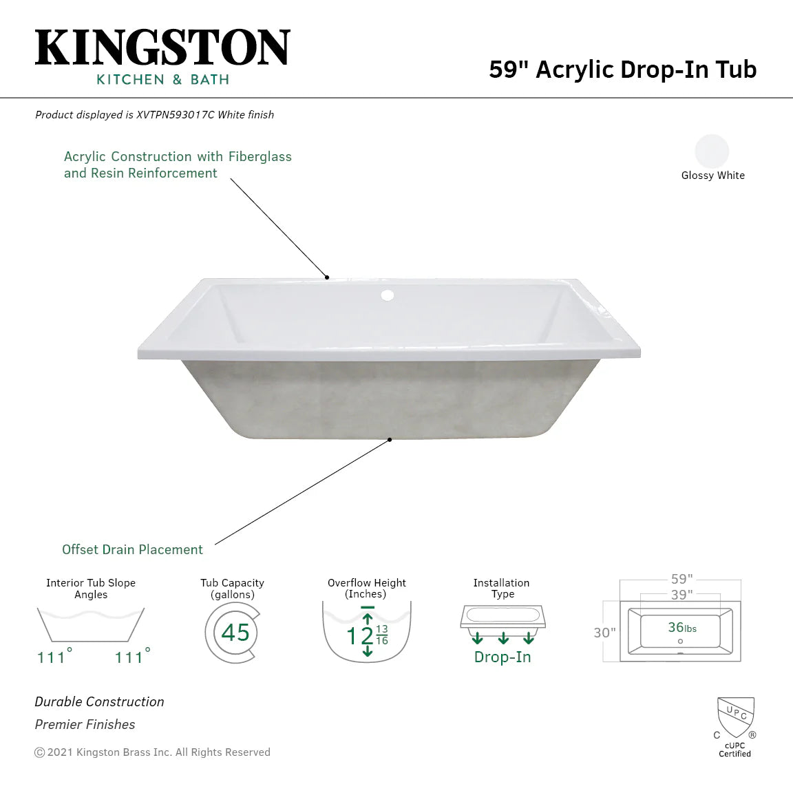 Glossy white acrylic rectangular drop-in tub with center drain, front view