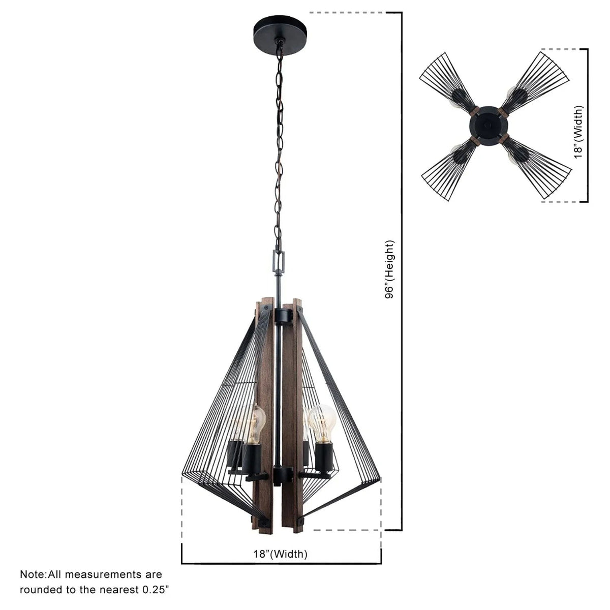 Black and wood 4-light pendant chandelier with four wire cage shades and exposed bulbs