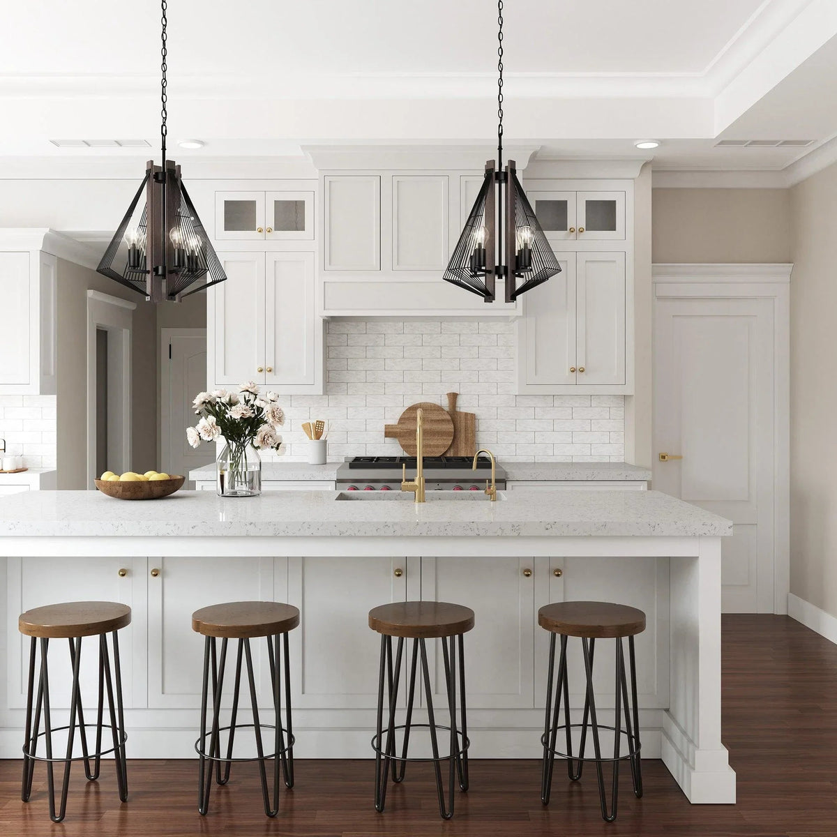 Black and wood island pendant light with four wire cage shades over a kitchen island
