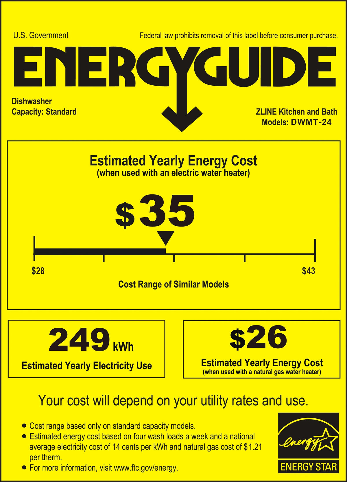 Yellow EnergyGuide label with estimated yearly energy cost and electricity use