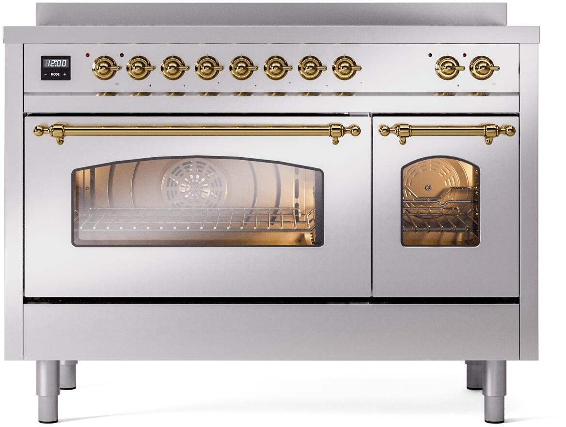 Stainless steel induction range with brass trim, lit oven cavity behind glass doors