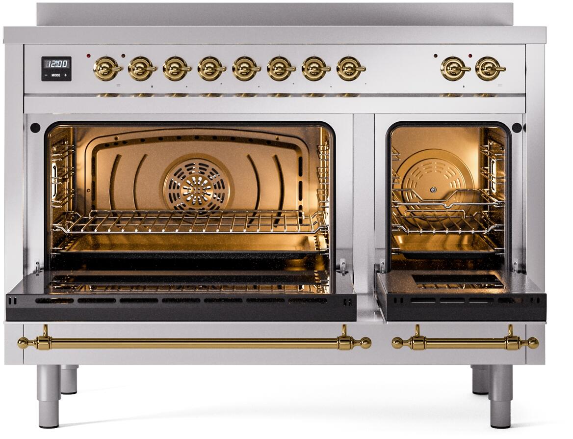 Stainless steel induction range with brass trim, both oven doors open